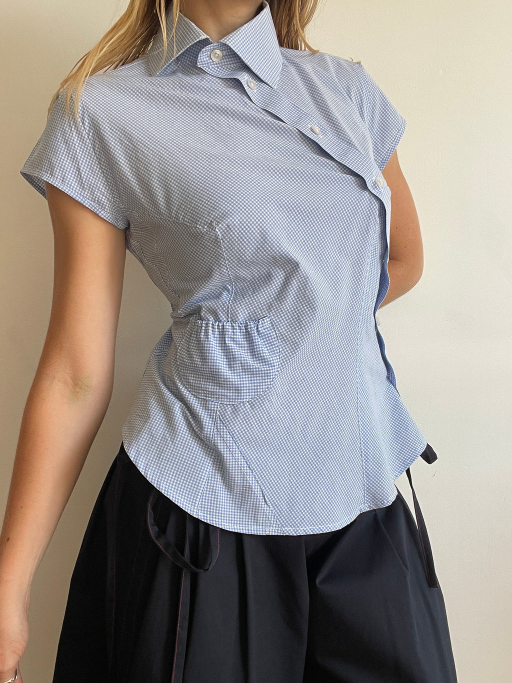 reworked asymetrical baby blue gingham pocket collar shirt