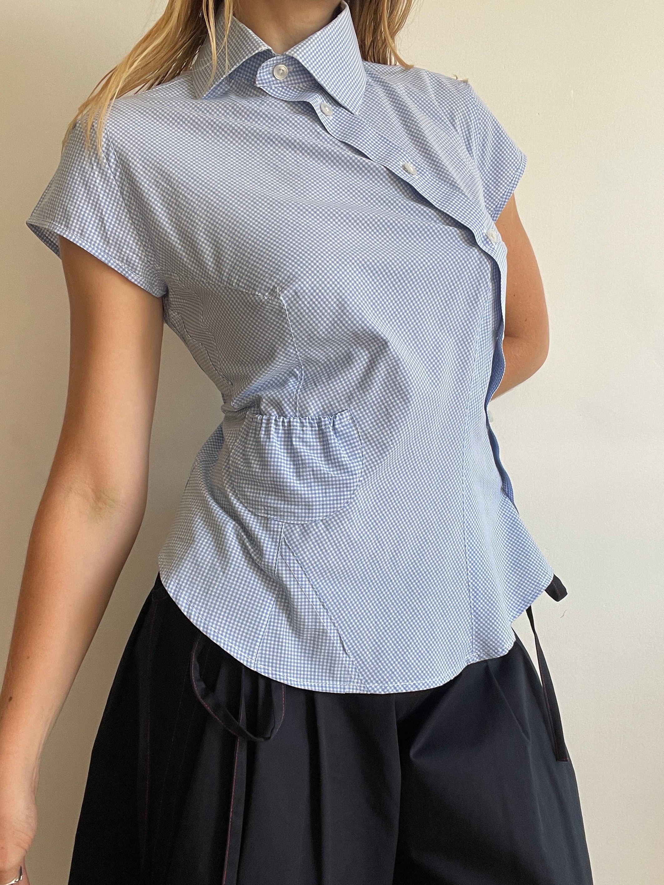 reworked asymetrical baby blue gingham pocket collar shirt