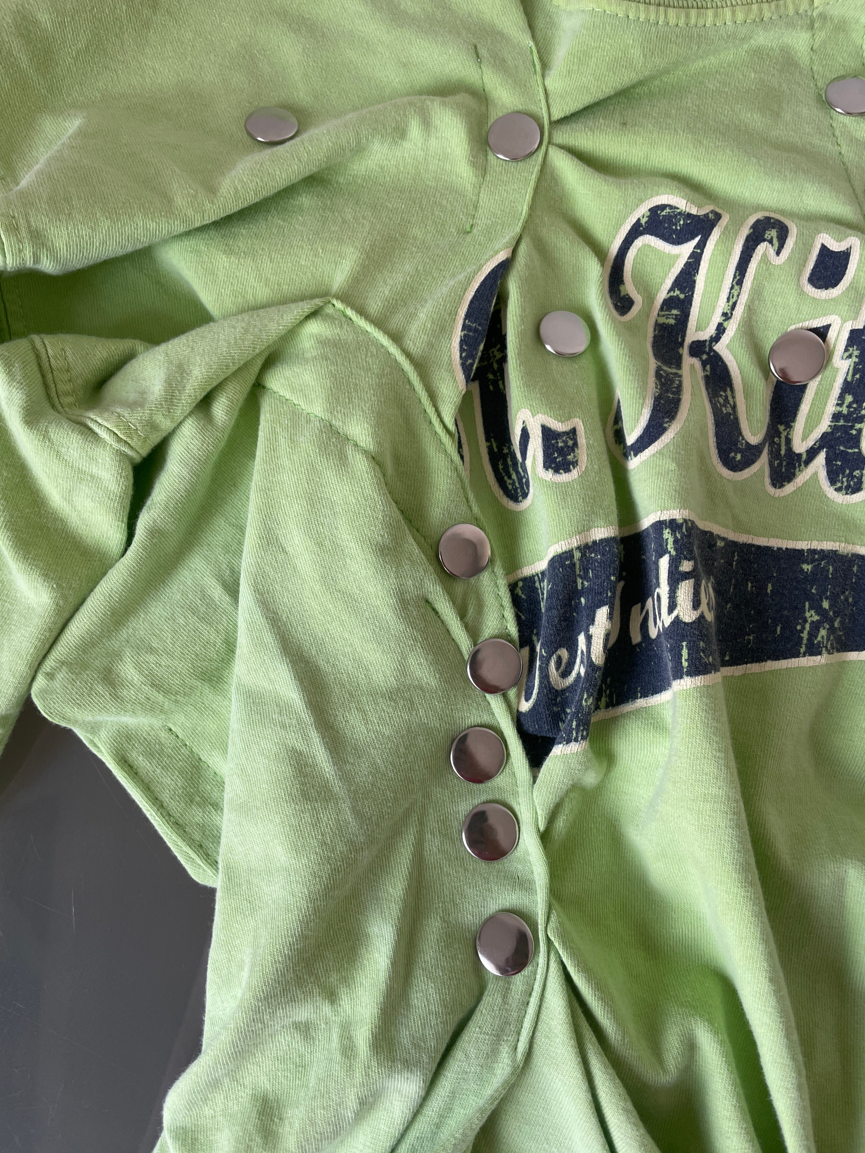 reworked gathered graphic tee with stud details