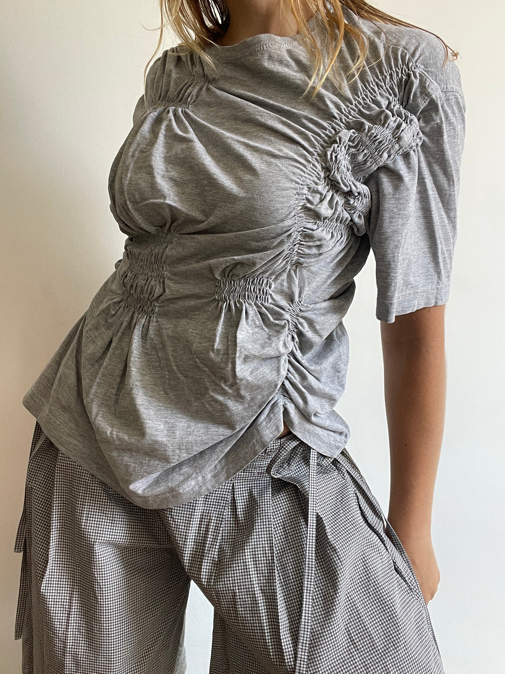reworked grey tee with ruched slinky gathered details