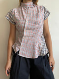 reworked patchwork check print fitted asymmetrical blouse