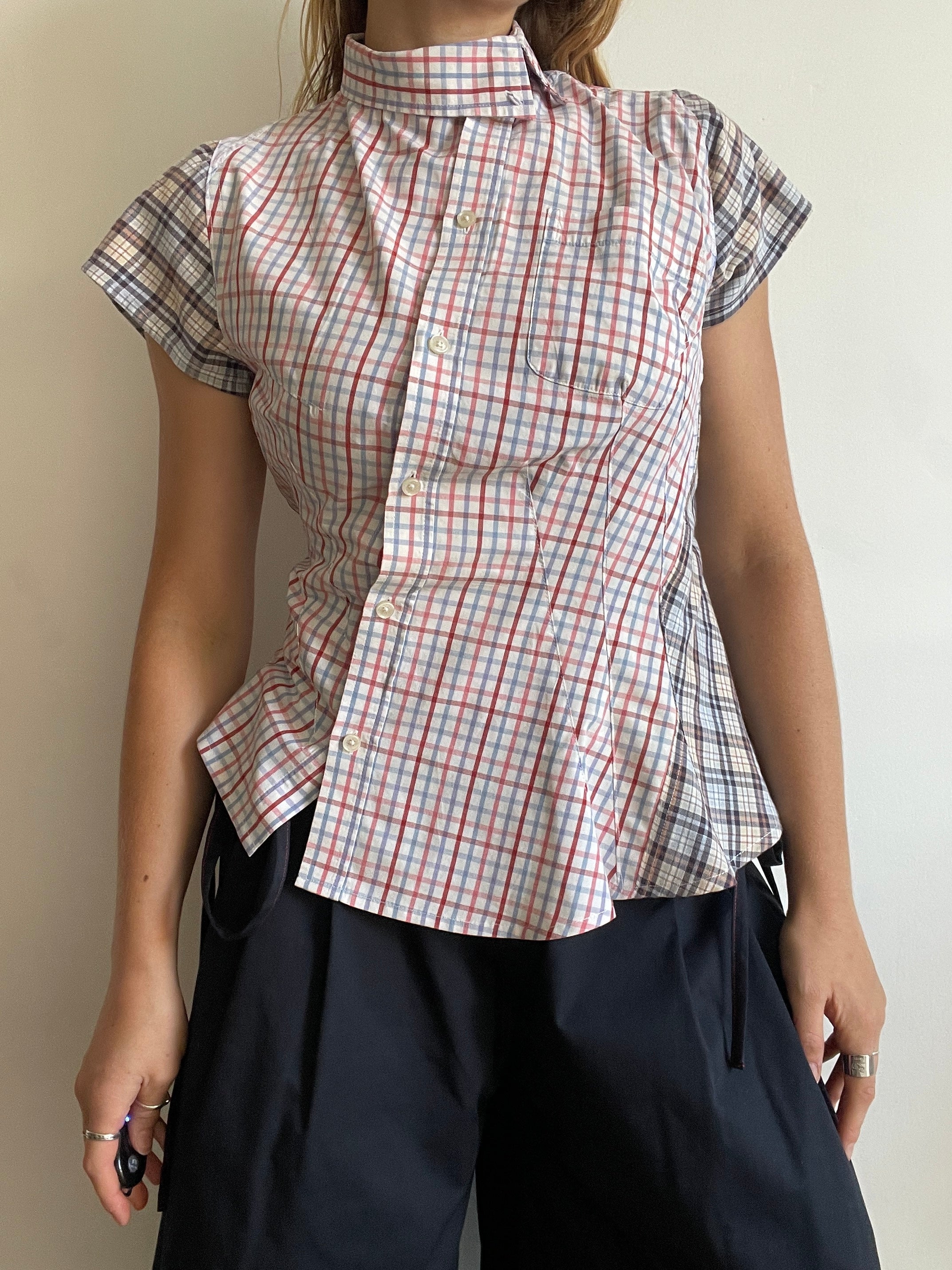 reworked patchwork check print fitted asymmetrical blouse