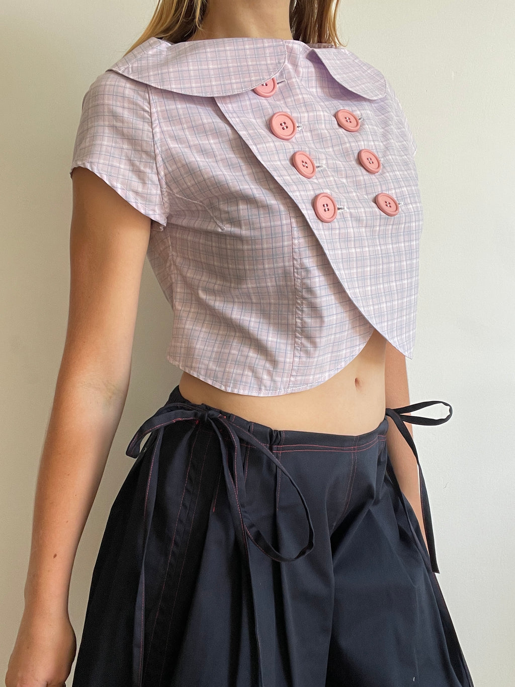 cute purple tartan double breast crop petit coat