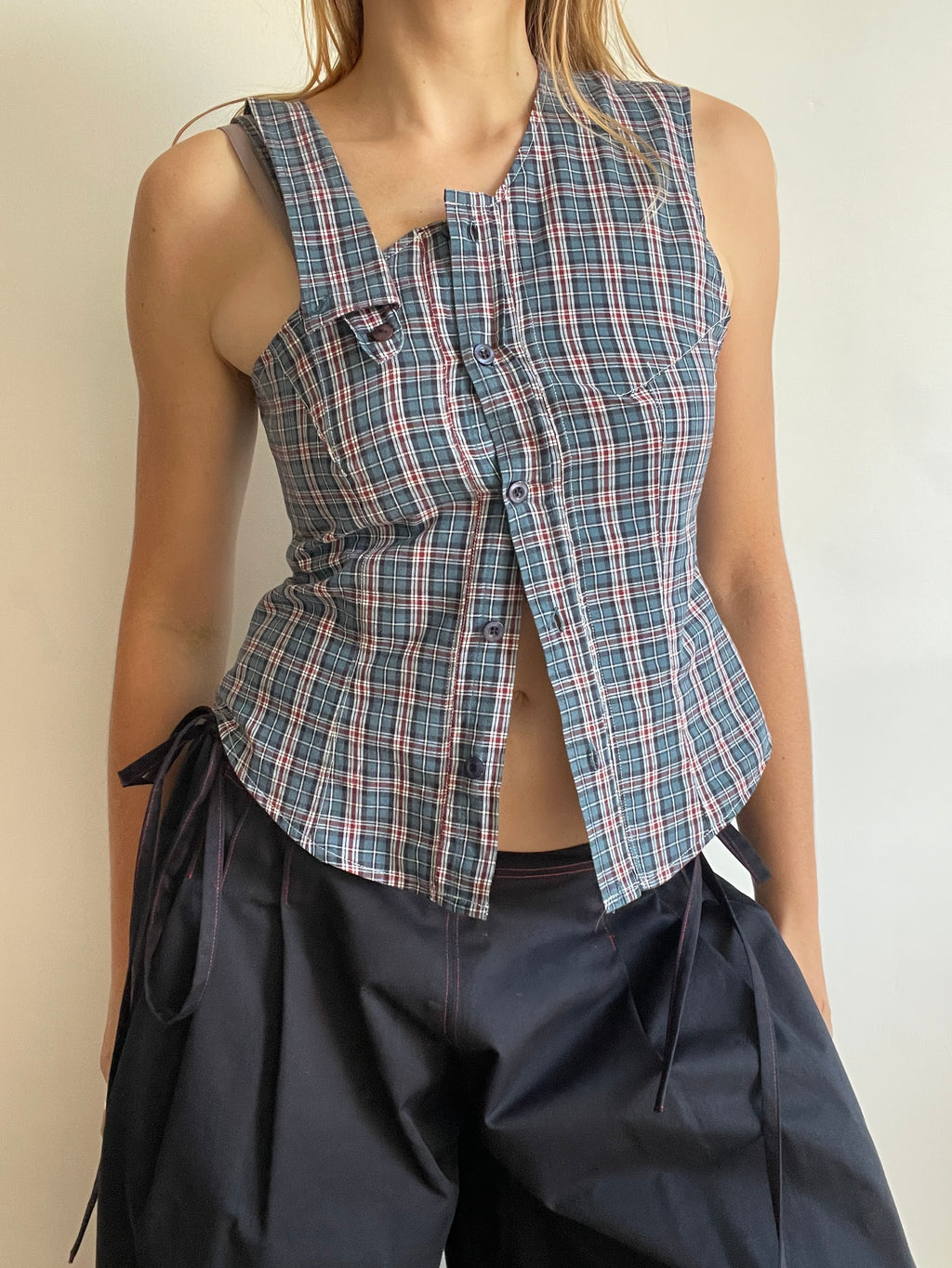 reworked one shoulder check button up tank with removable collar strap