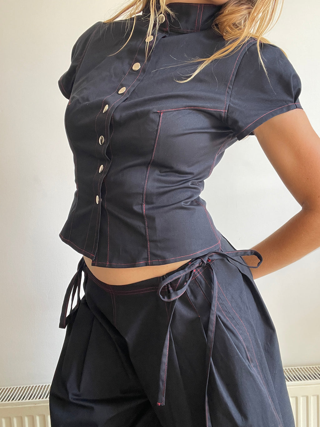 handmade matching set navy stretch baggy shorts and shirt