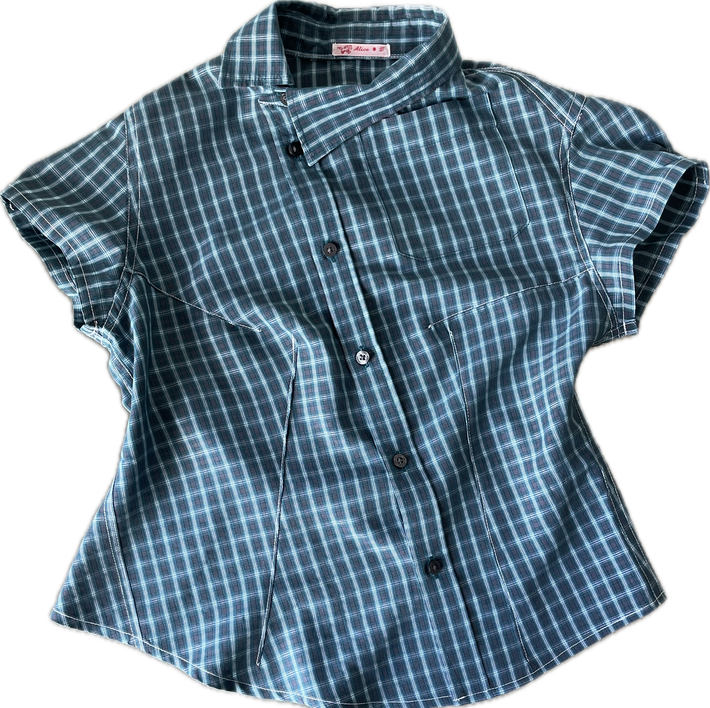 reworked green check asymmetrical button up shirt