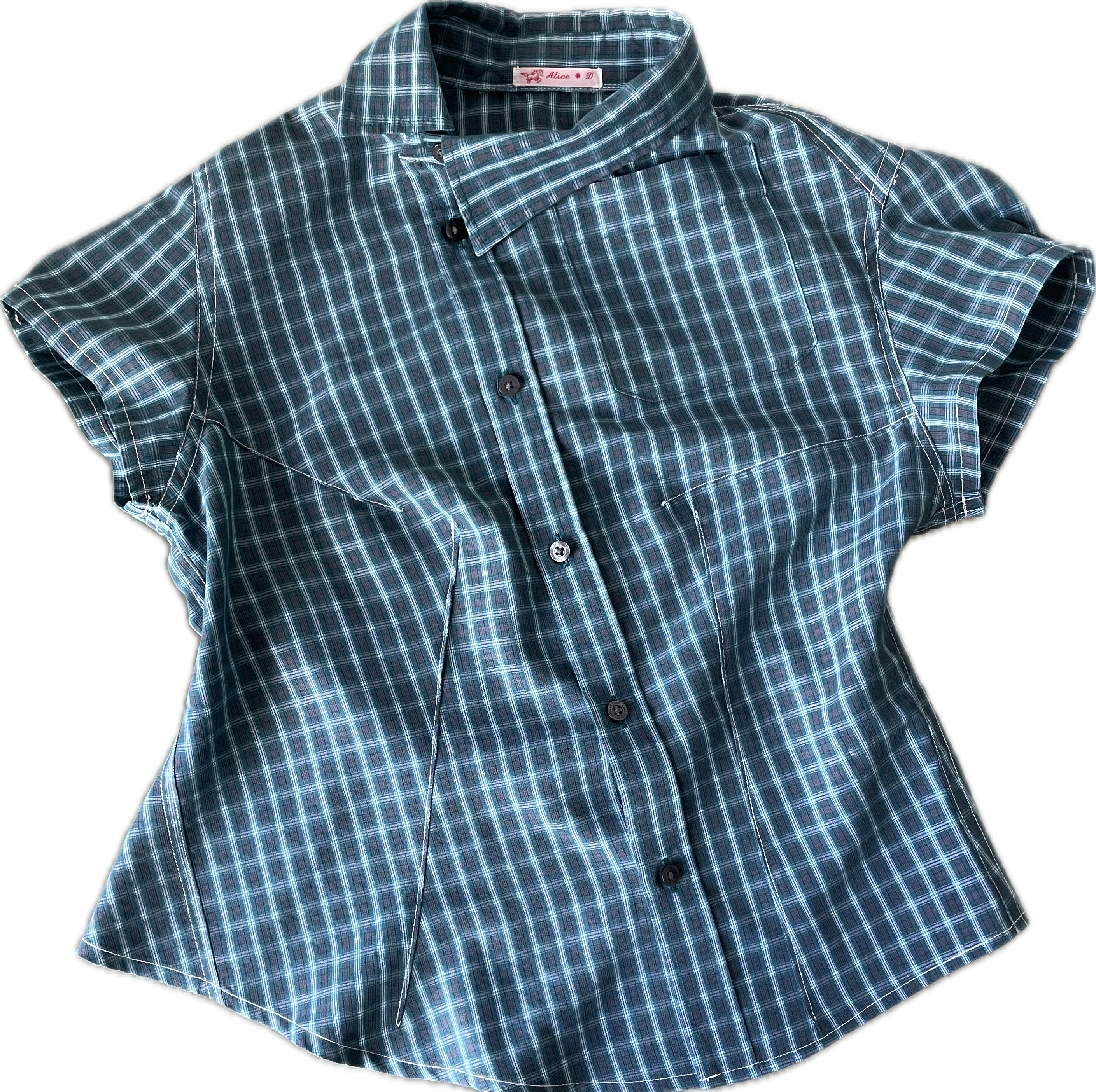 reworked green check asymmetrical button up shirt