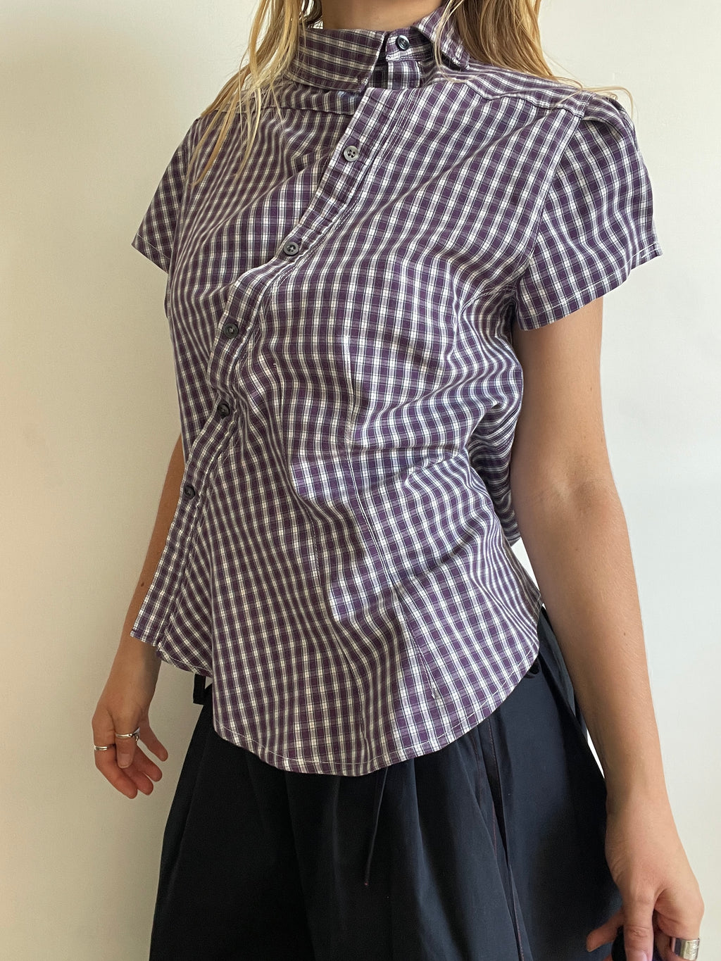 reworked asymetrical purple check shirt