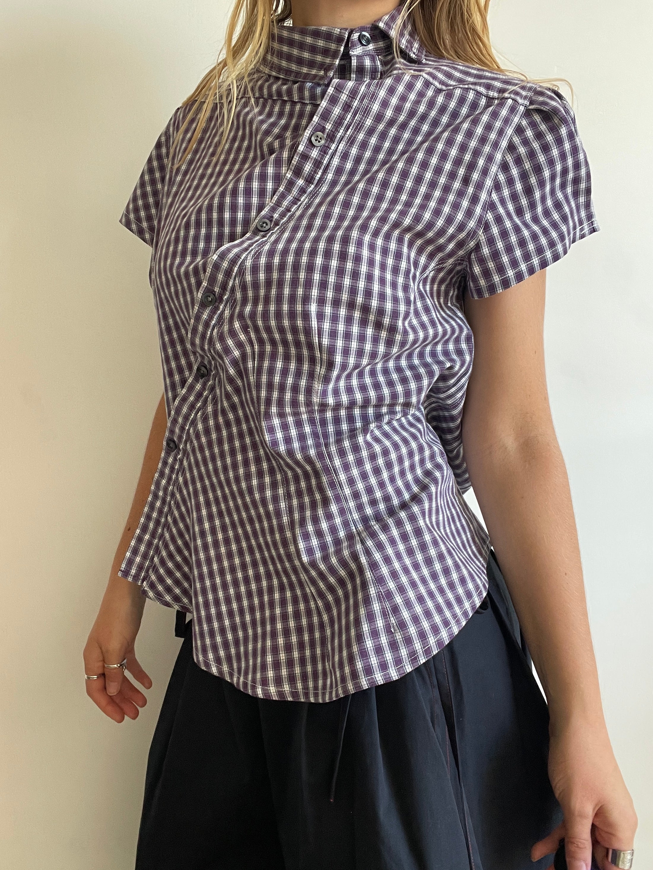 reworked asymetrical purple check shirt