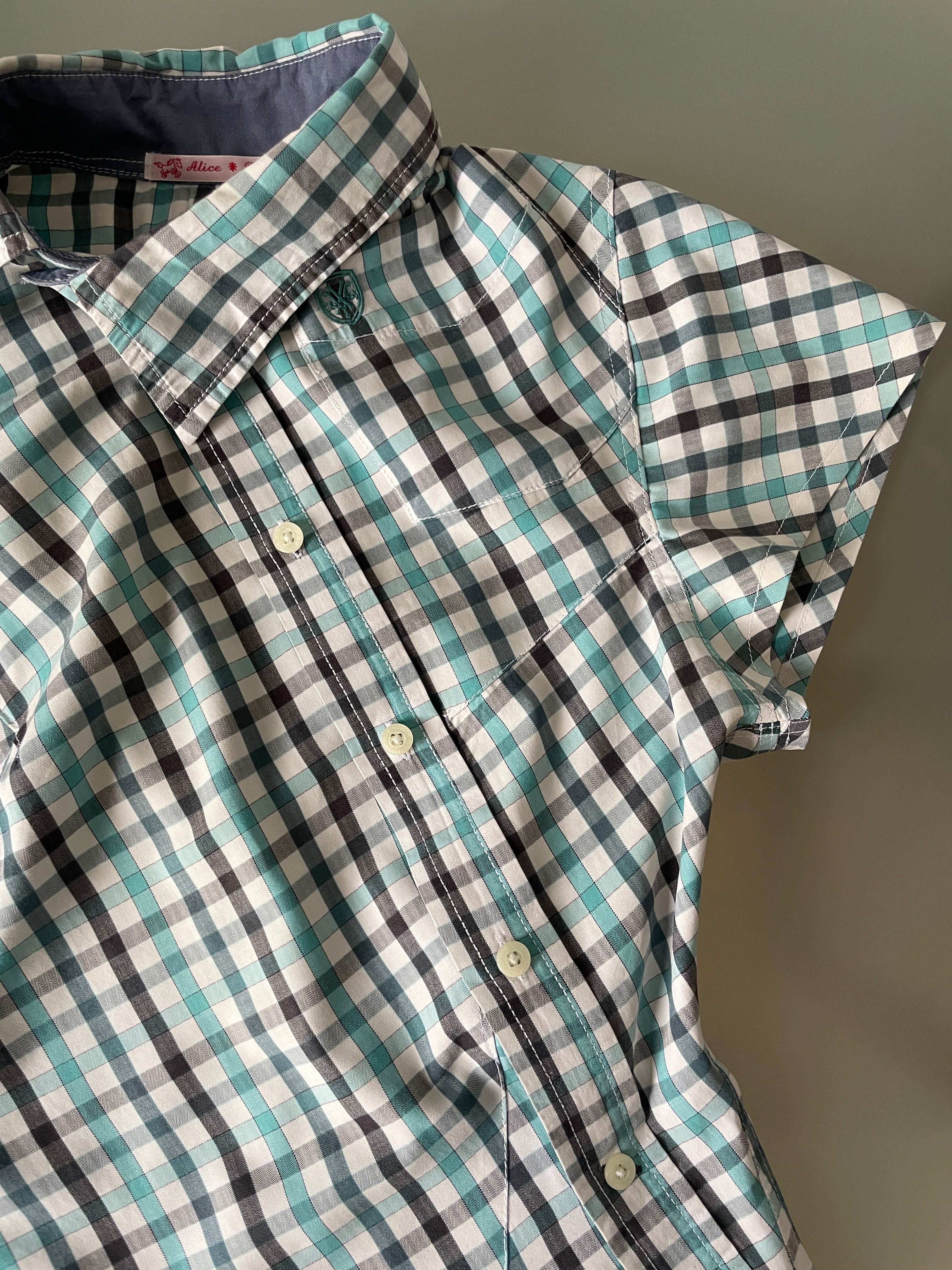reworked blue black check fitted blouse