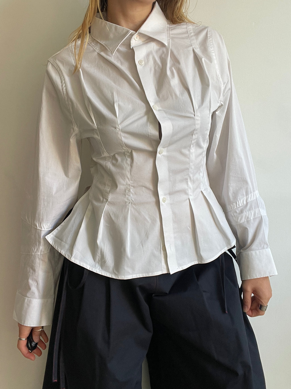 reworked white office pleated long sleeve shirt