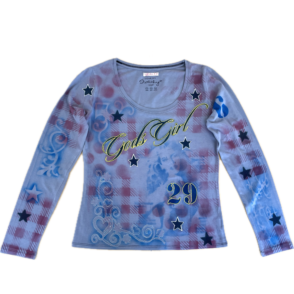 handmade tartan airbrush stencil print ribbed embroidered long sleeve