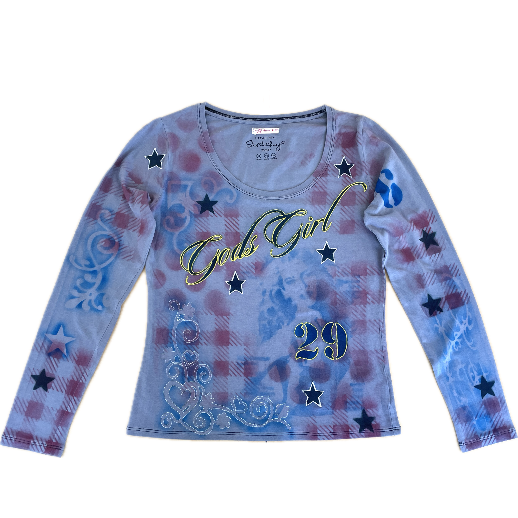 handmade tartan airbrush stencil print ribbed embroidered long sleeve