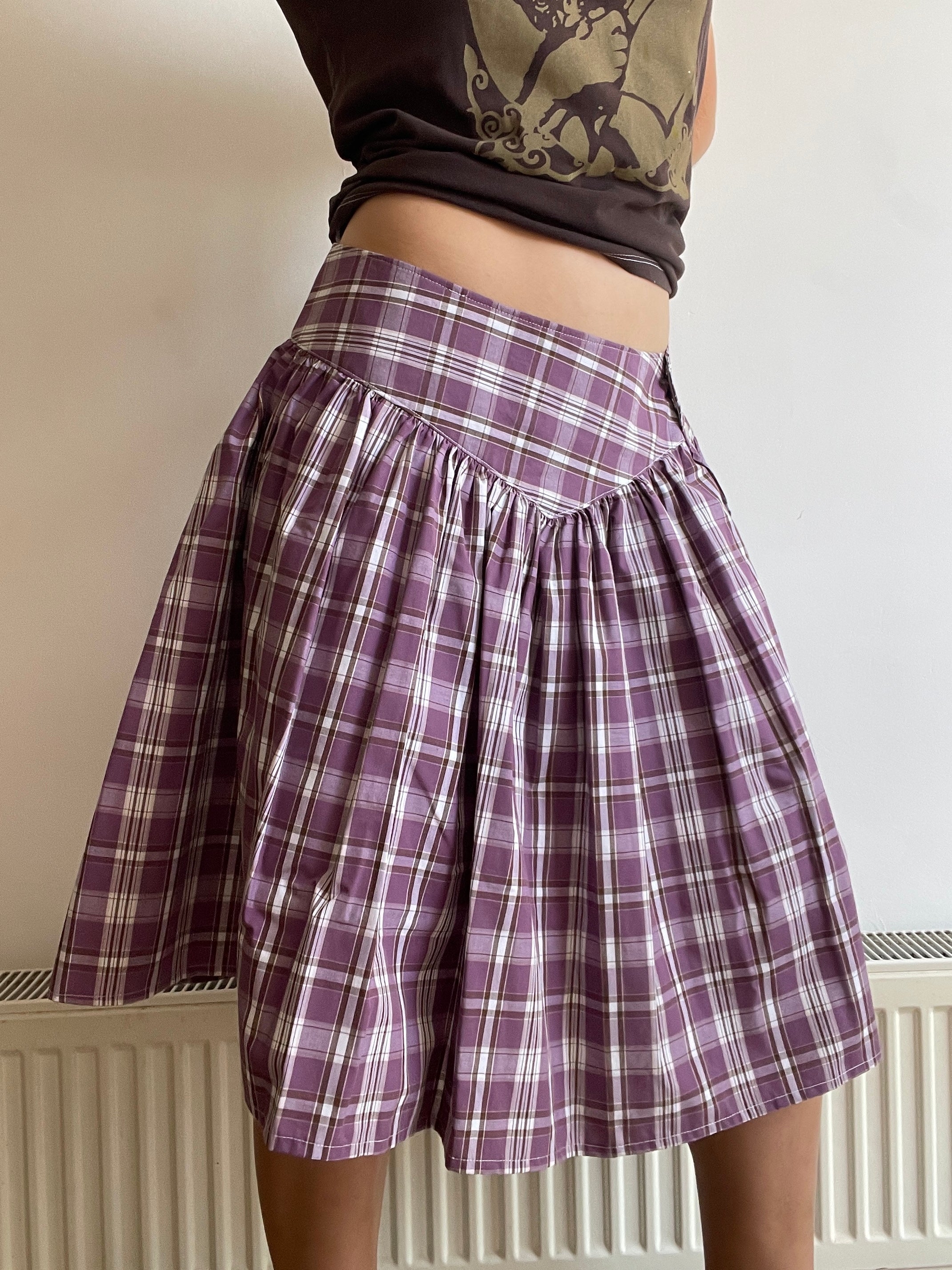 handmade metal popper button purple plaid gathered skirt