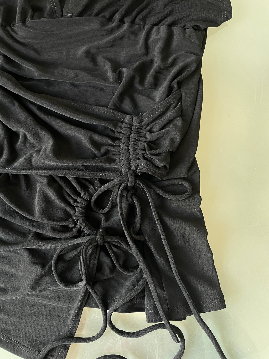 handmade slinky black ruched panel tie top