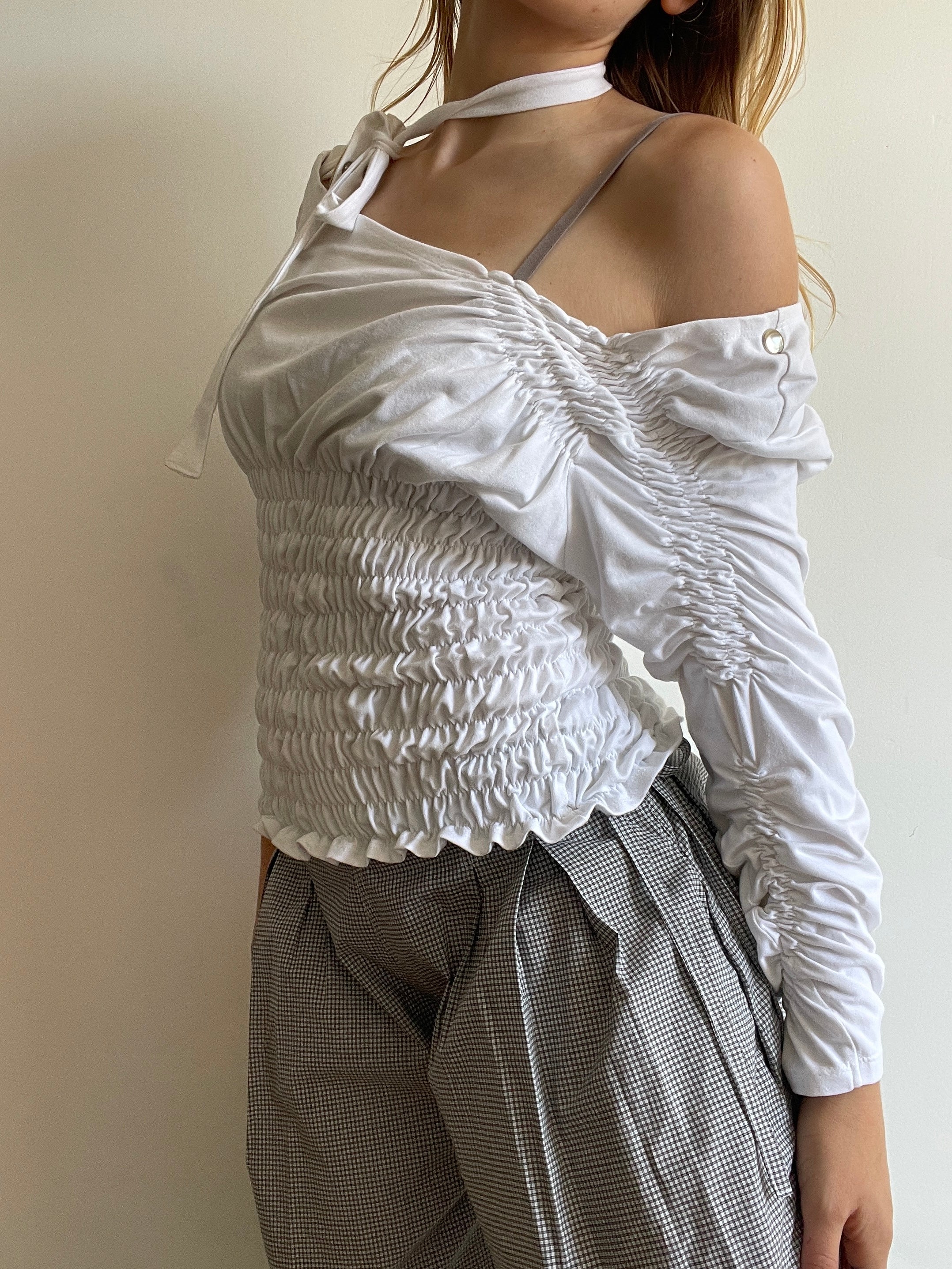 handmade ruched bubble off the shoulder top with neck tie