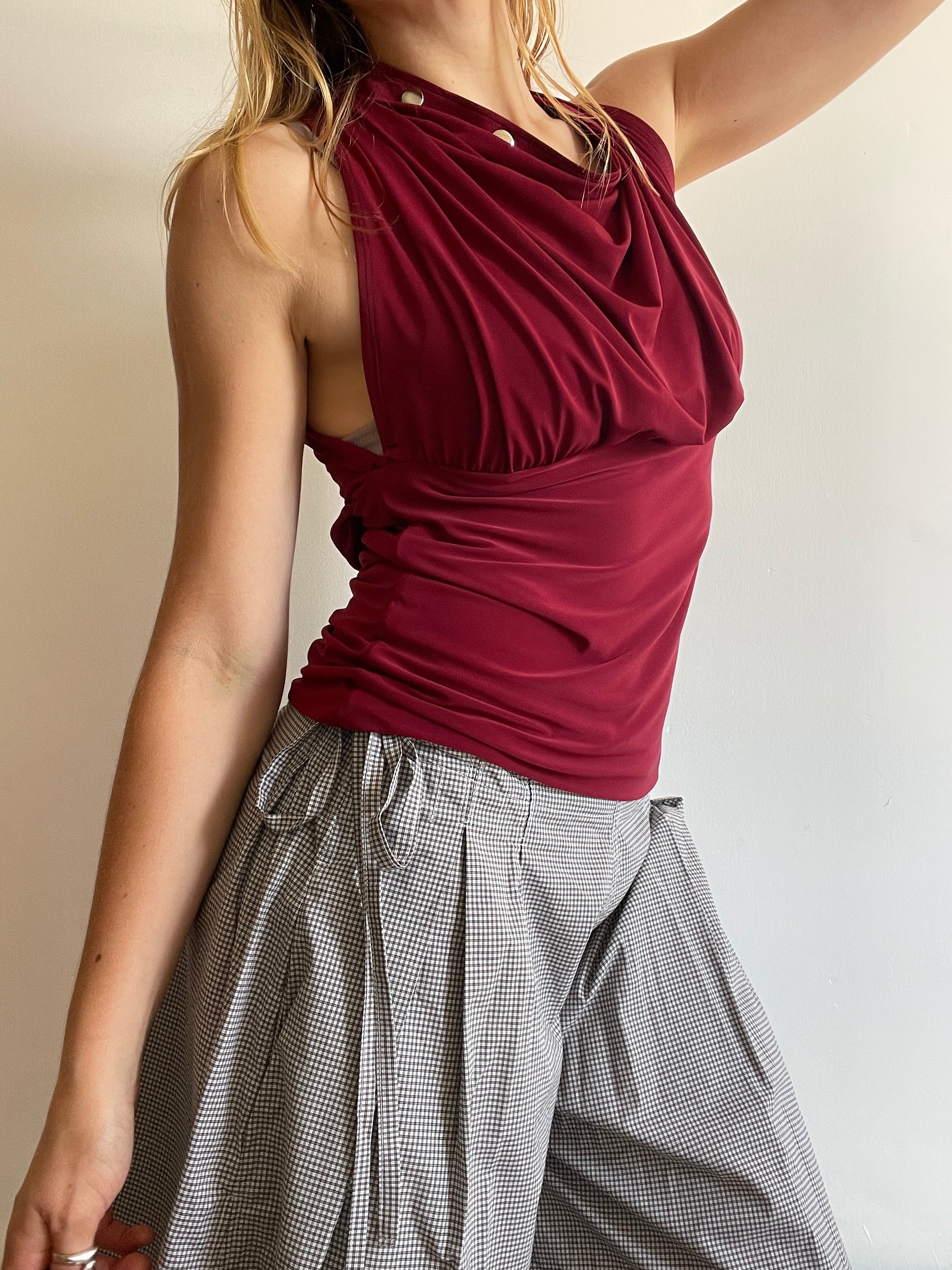 handmade wine red silver popper off shoulder multiwear top
