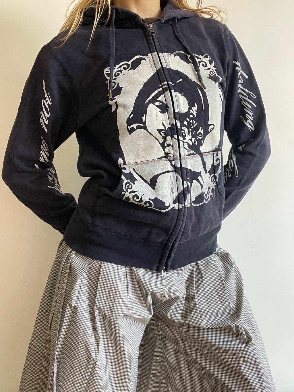 screen printed navy cat girl double zip slim fit hoodie