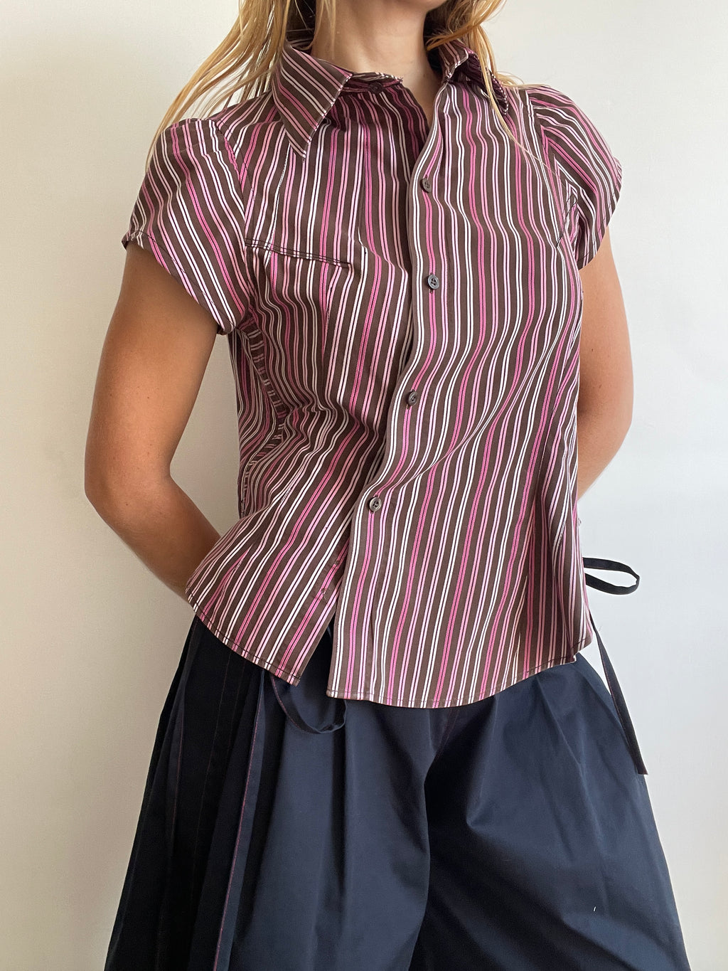 reworked asymetrical button up striped fitted shirt