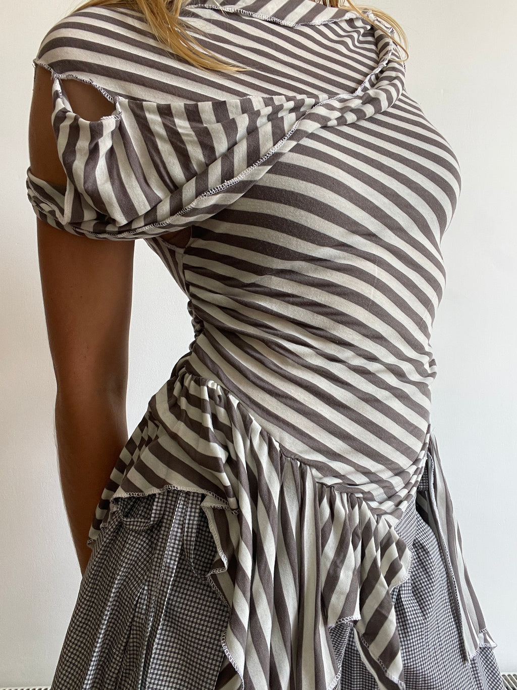 handmade asymmetrical pixie striped off the shoulder long fitted tunic top