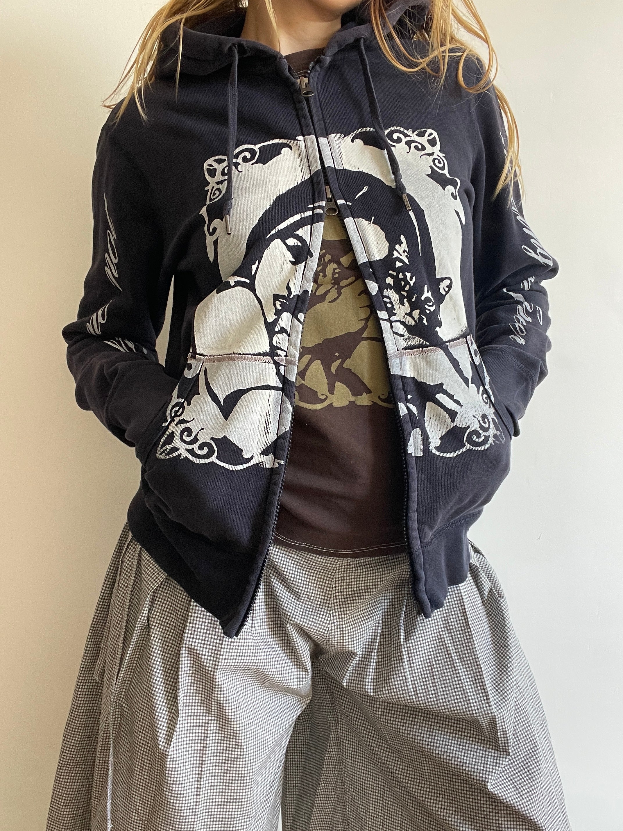 screen printed navy cat girl double zip slim fit hoodie