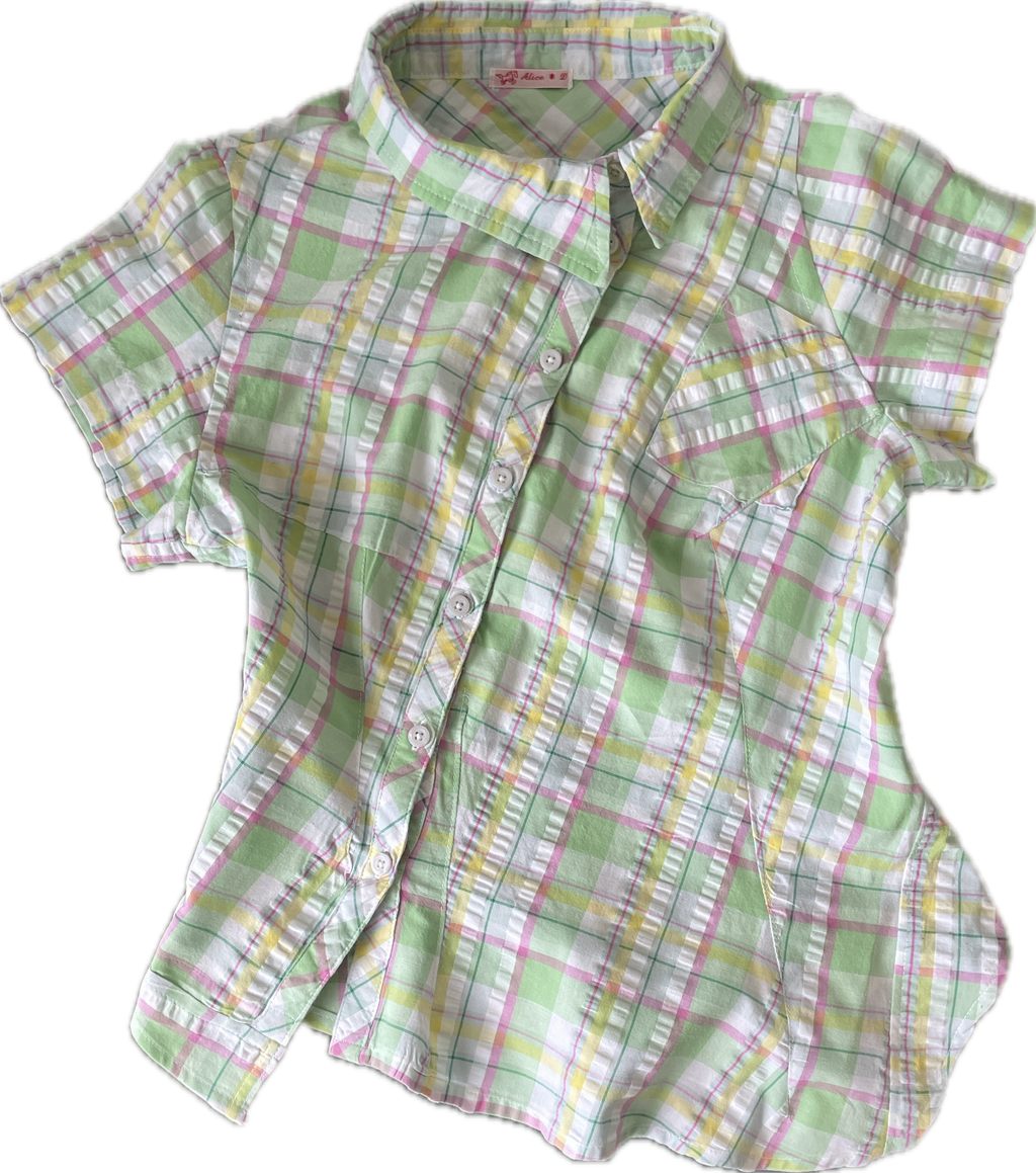 reworked seersucker tartan green pink fitted asymetrical shirt