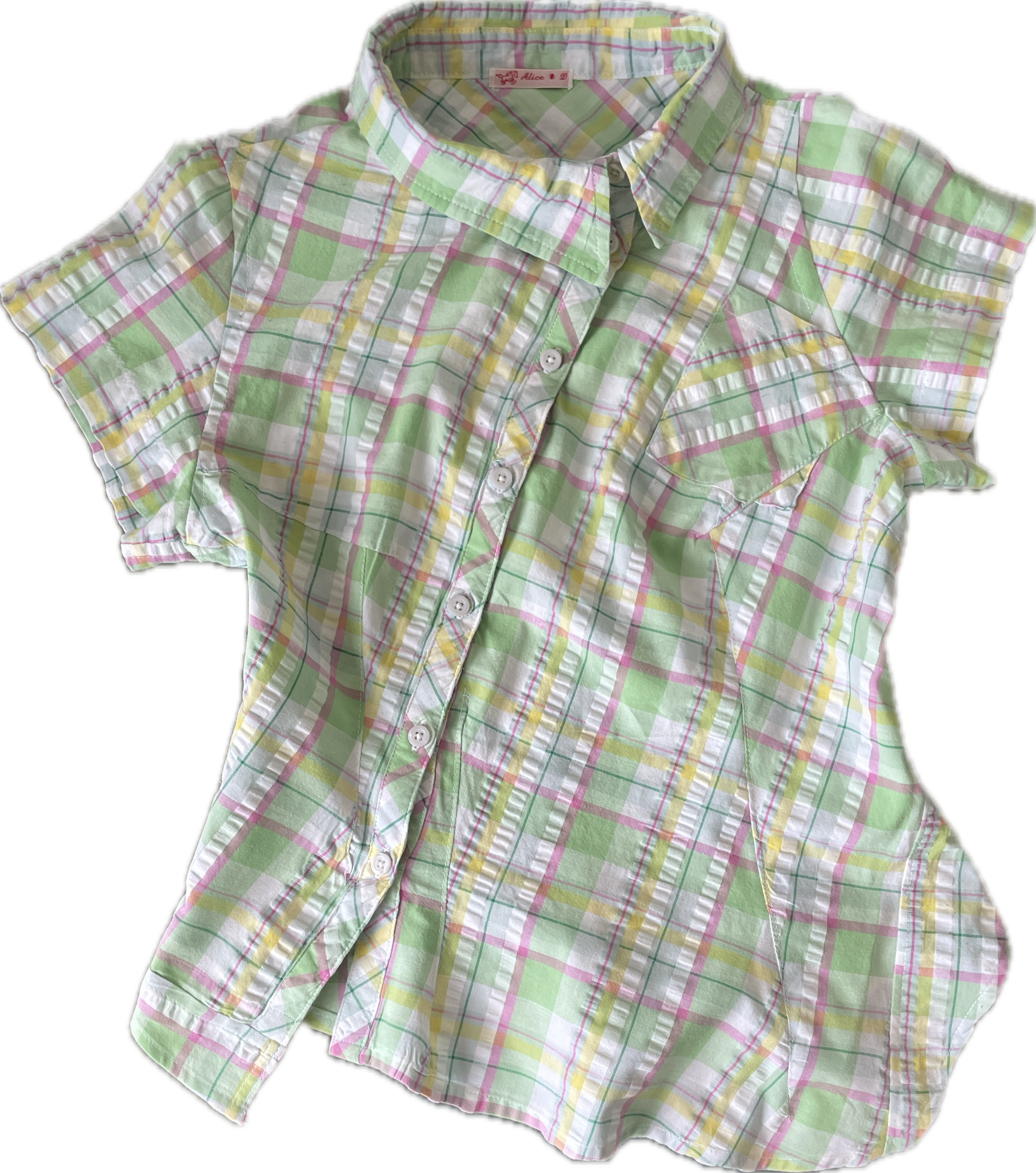 reworked seersucker tartan green pink fitted asymetrical shirt