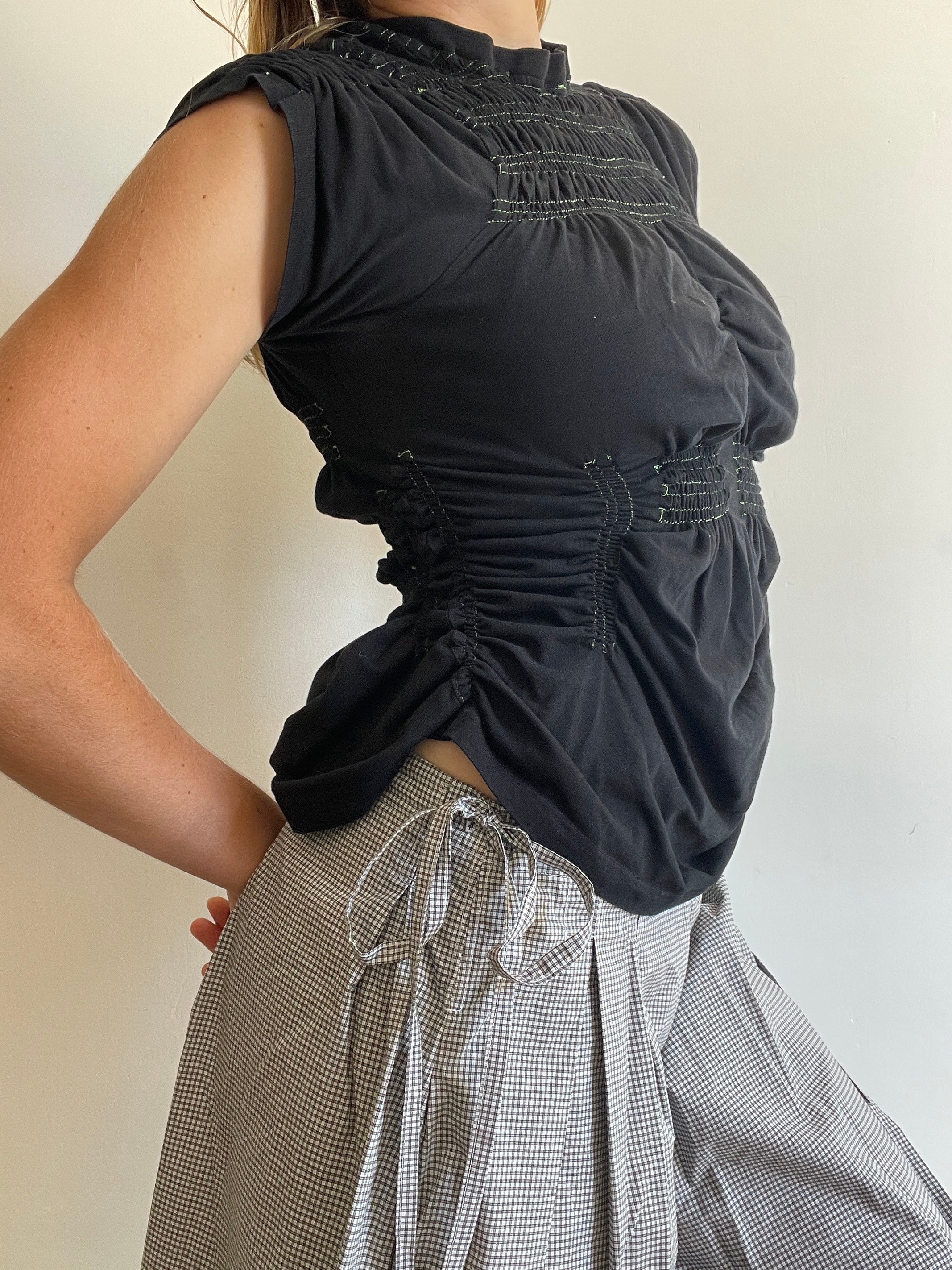 reworked black contrast stitch ruched slinky t shirt