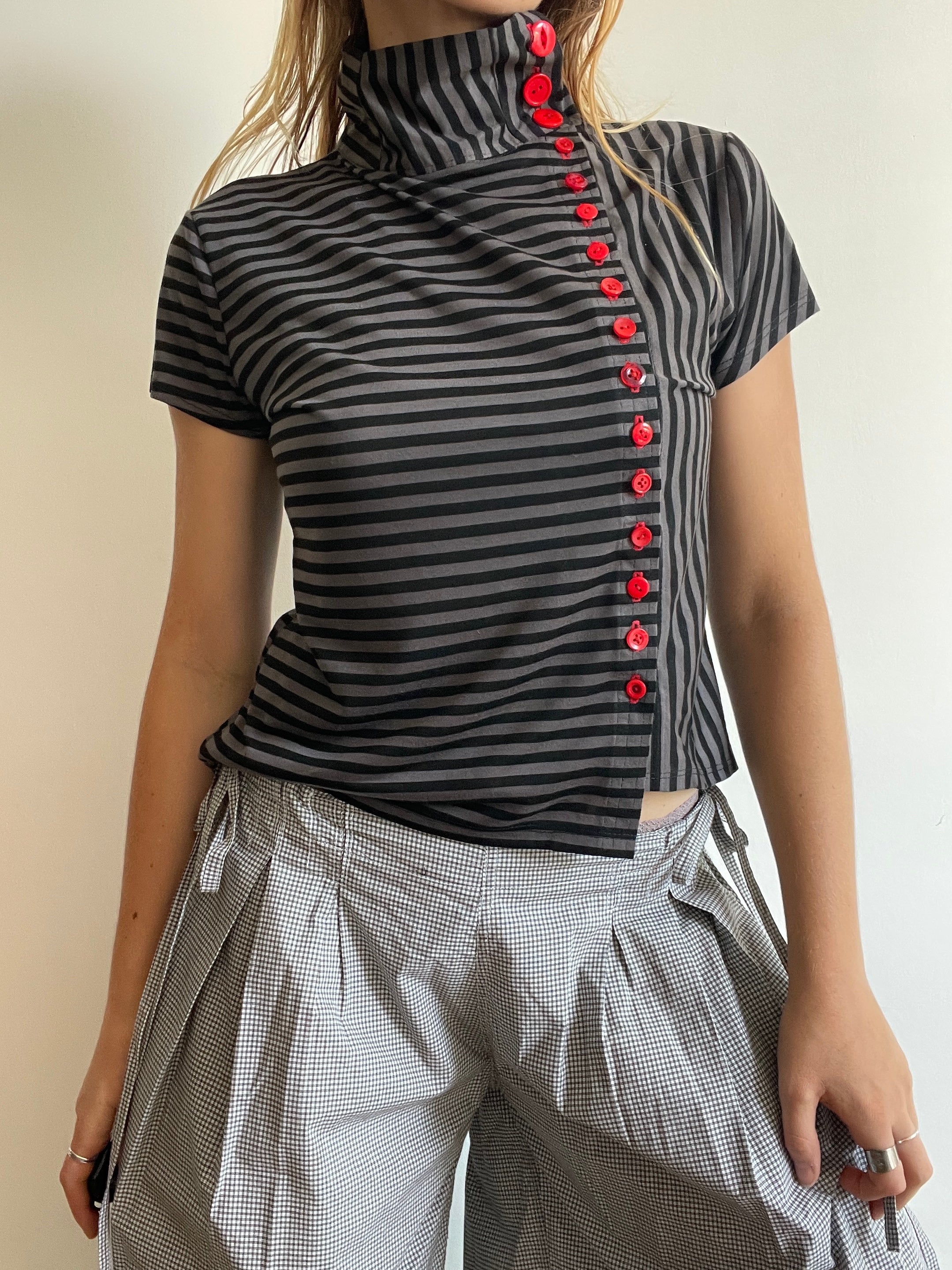 handmade grey stripe button up asymmetrical t shirt