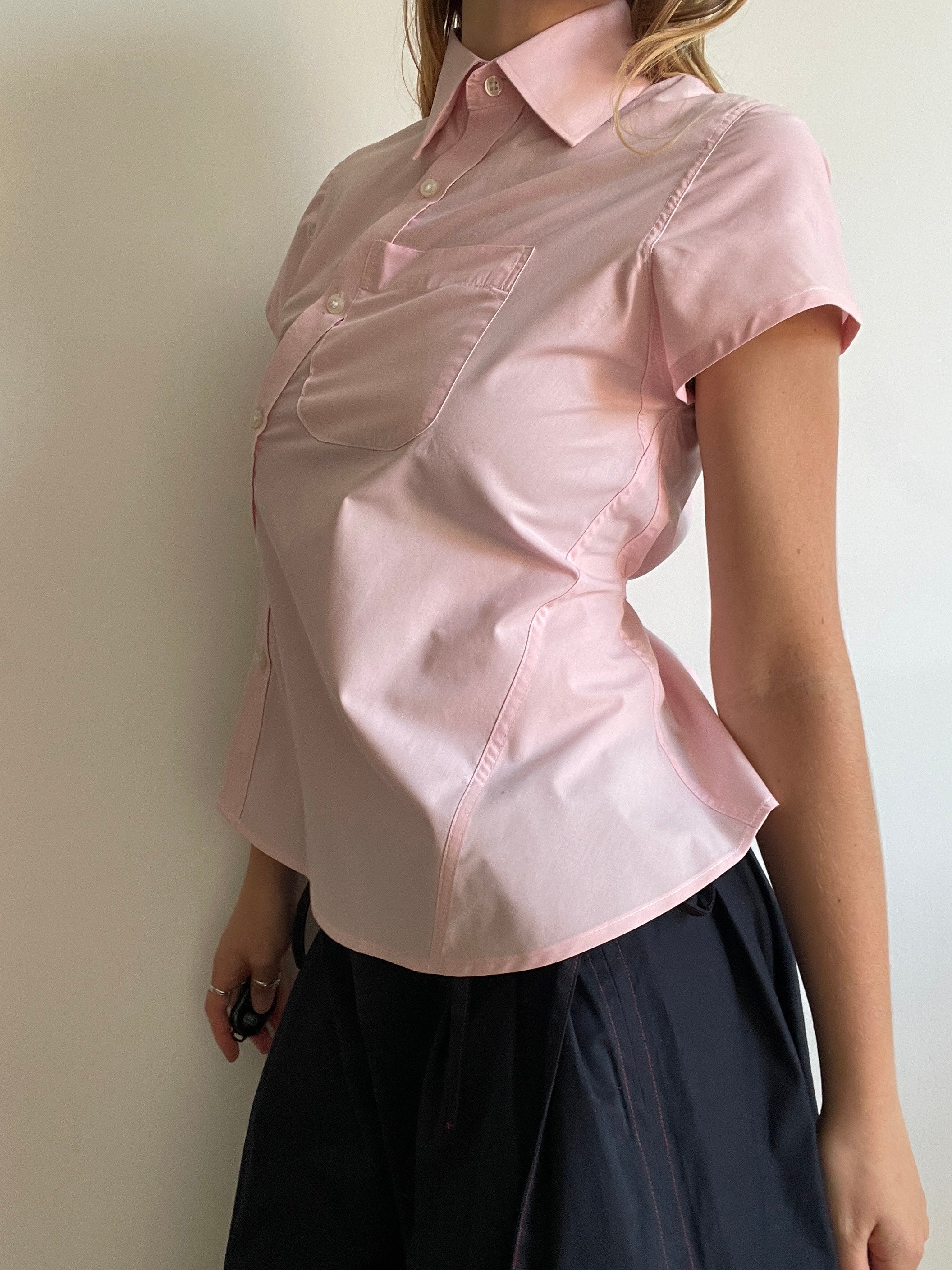 reworked tie back asymmetrical baby pink blouse