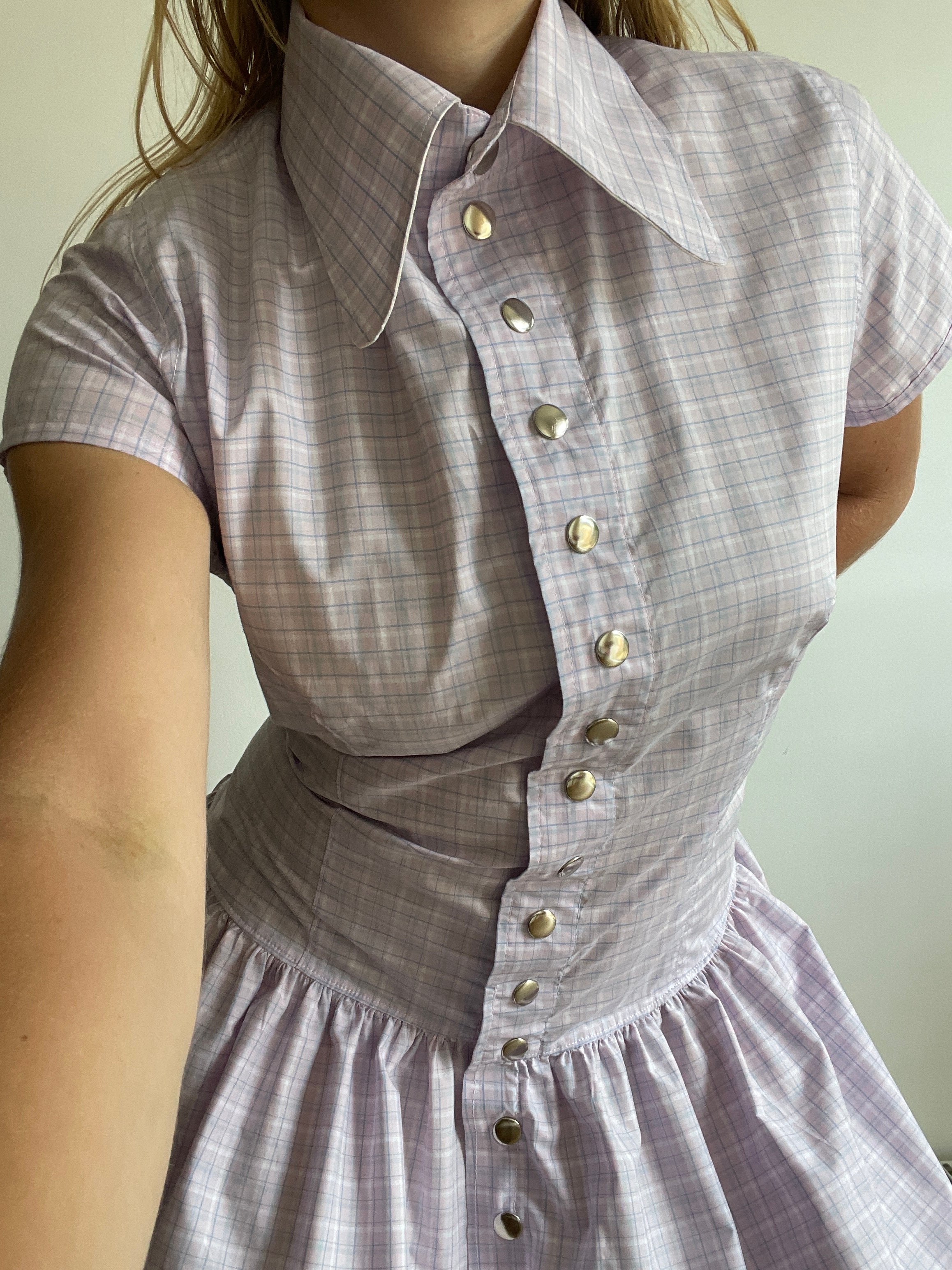 pink purple check snap button gathered drop waist dress with oversized collar