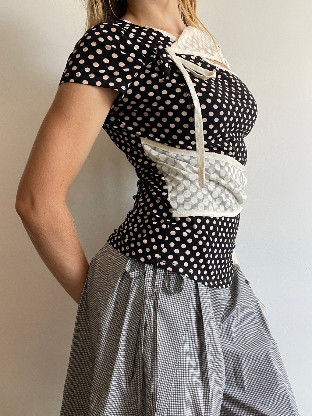 handmade ballet style tie up contrast polka monochrome t shirt