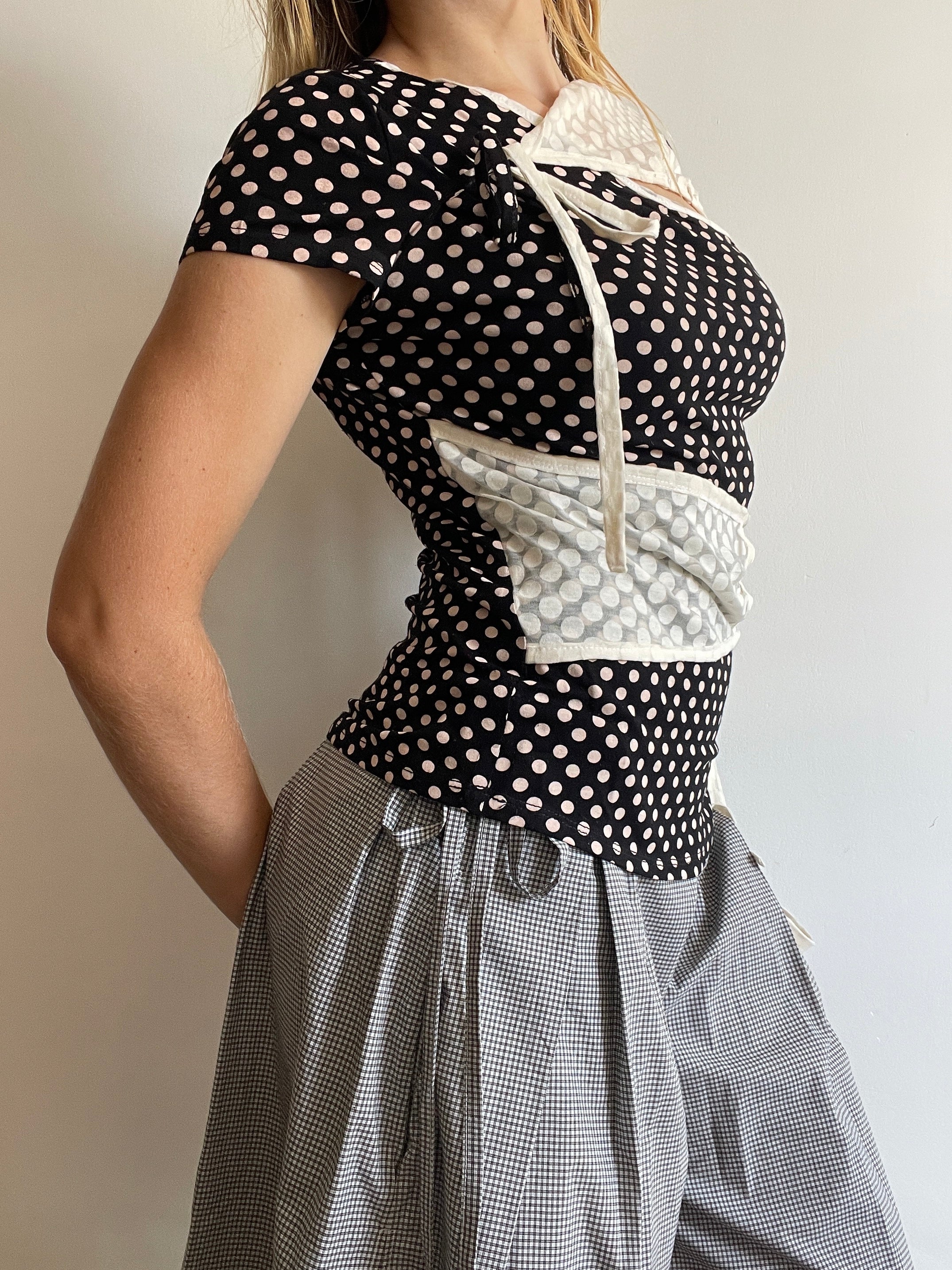 handmade ballet style tie up contrast polka monochrome t shirt