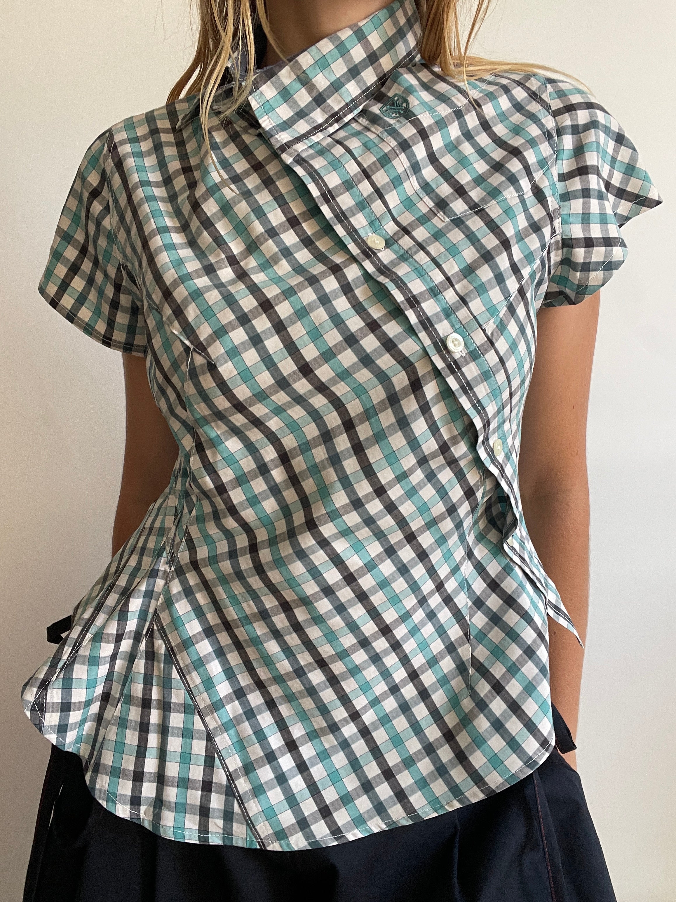 reworked blue black check fitted blouse
