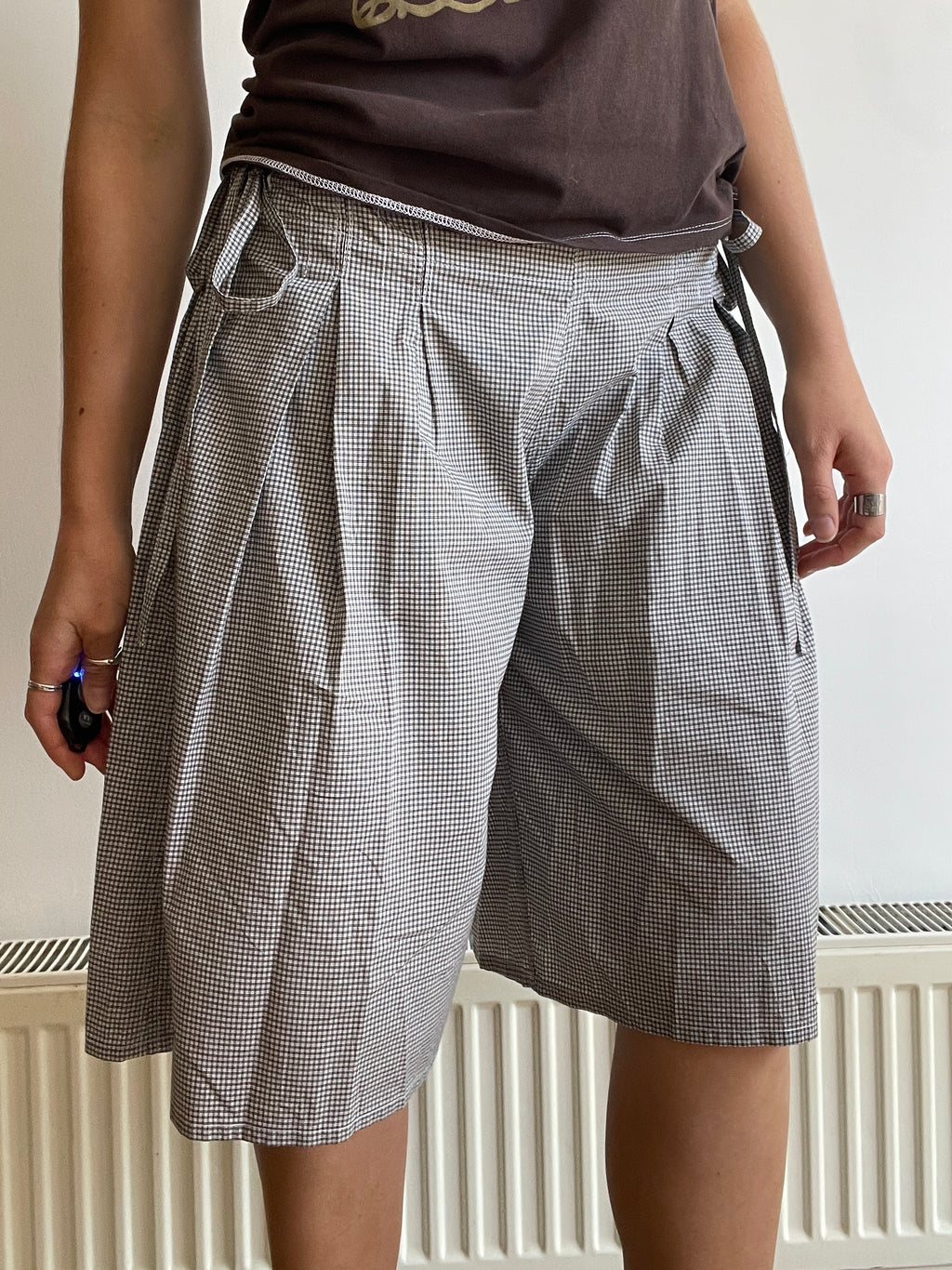 handmade pleated grey black check baggy shorts with pockets