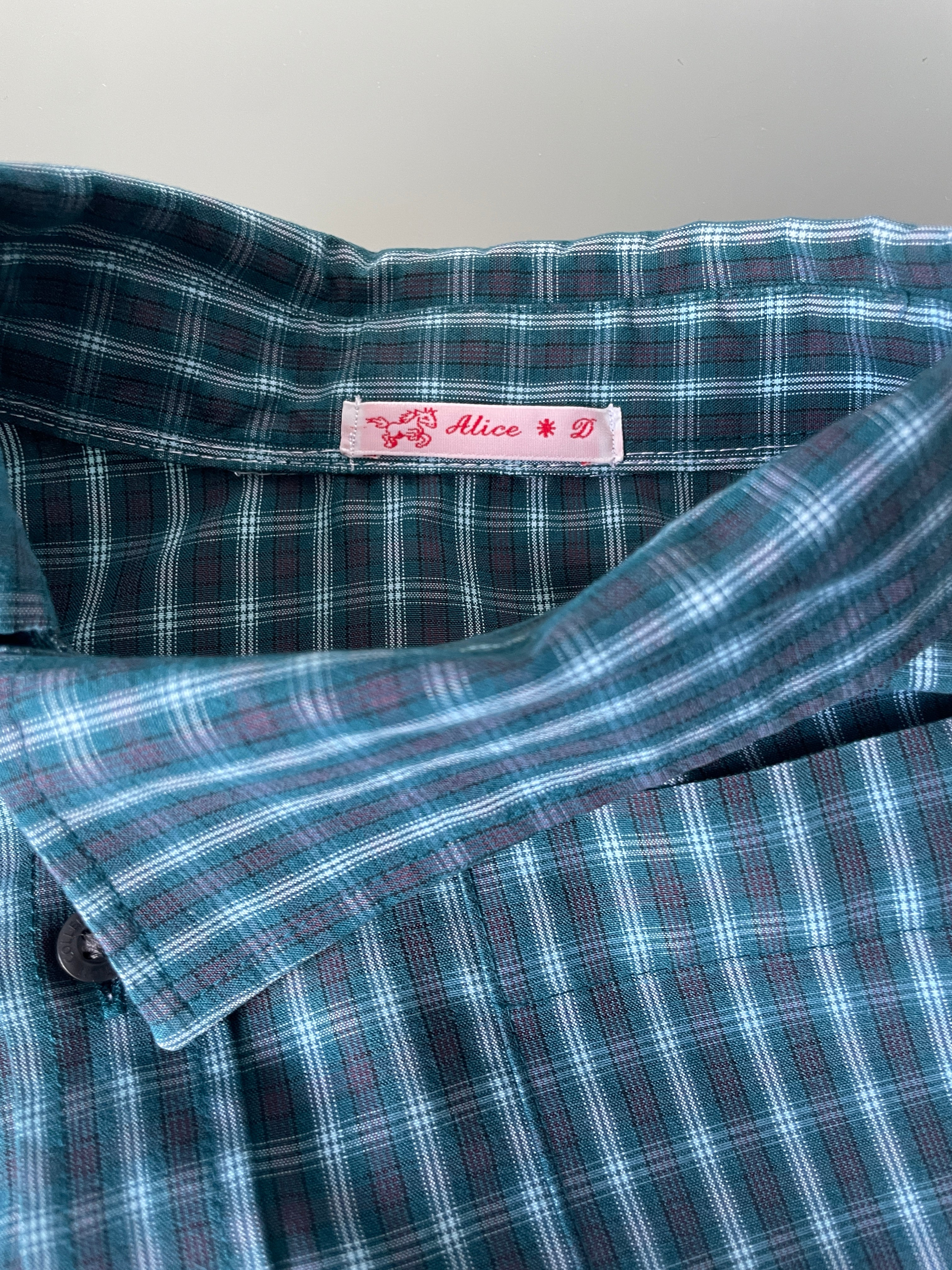 reworked green check asymmetrical button up shirt