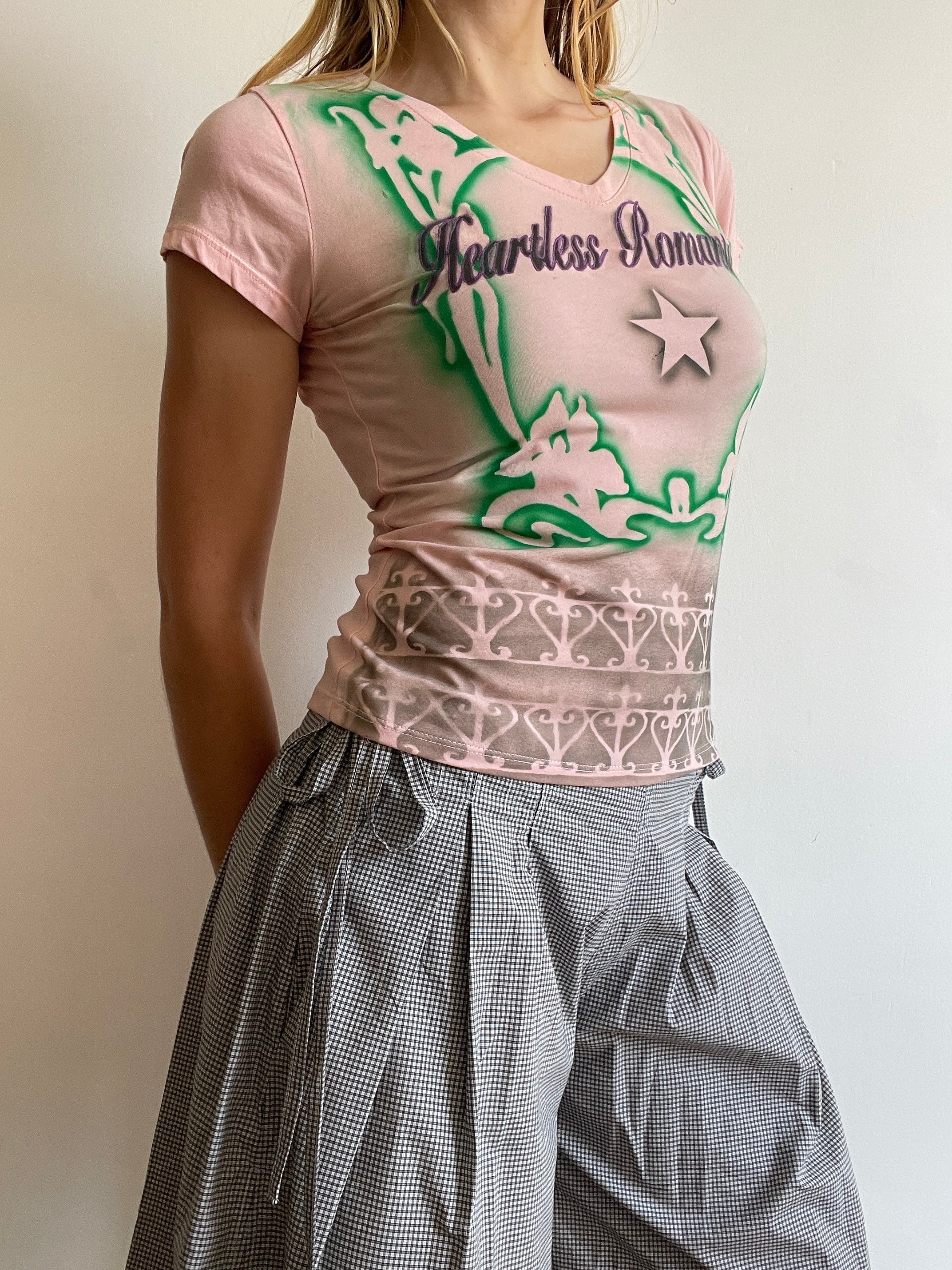 handmade airbrushed stencil print heartless romantic baby tee