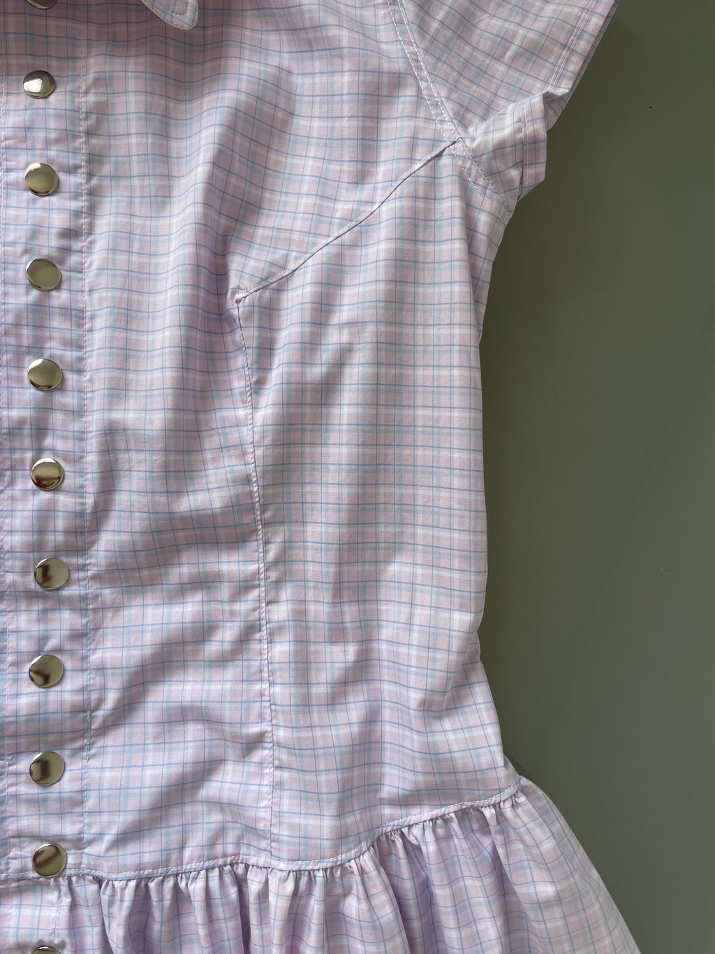 pink purple check snap button gathered drop waist dress with oversized collar