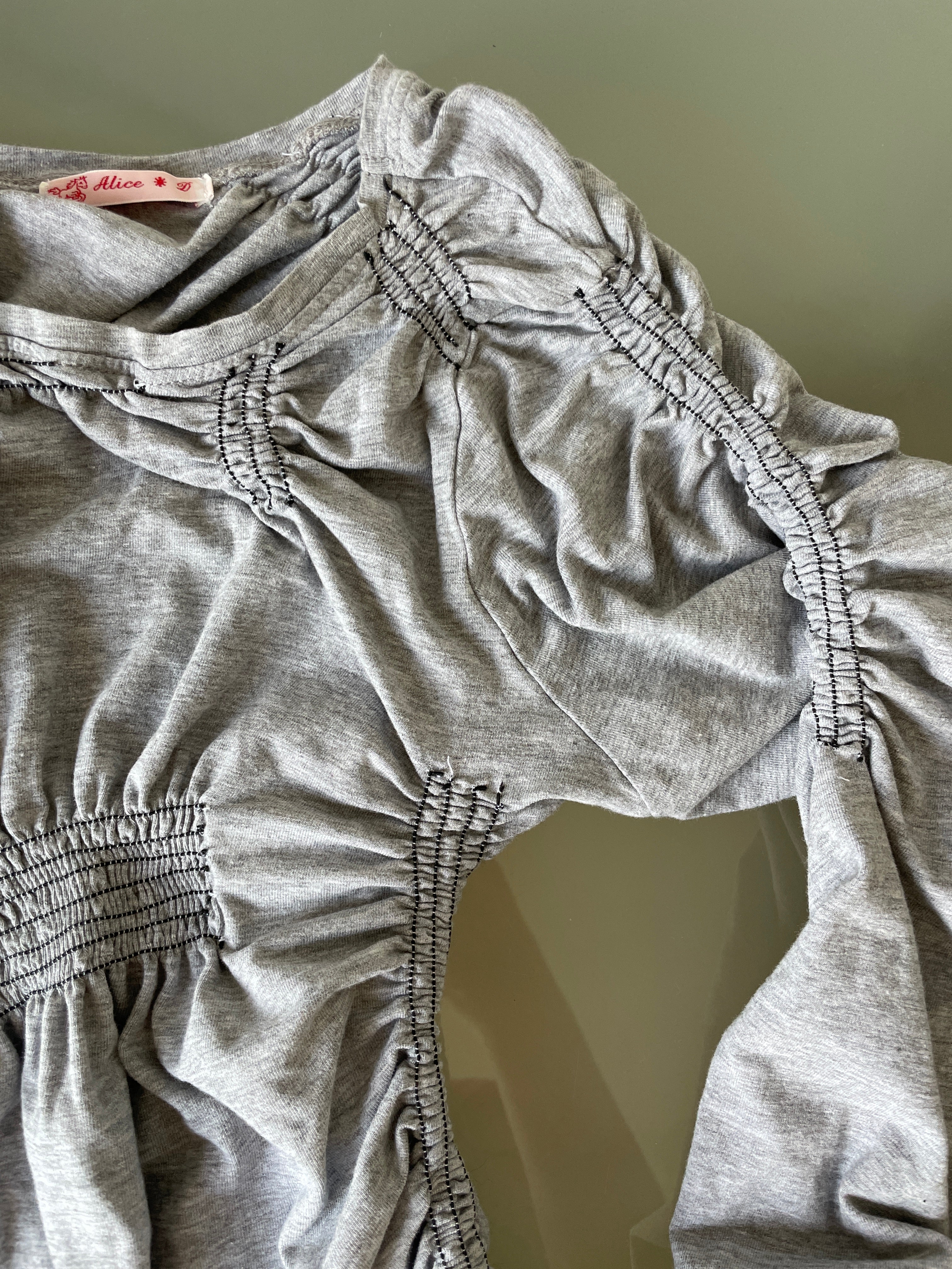 reworked 3/4 sleeve ruched slinky grey t shirt