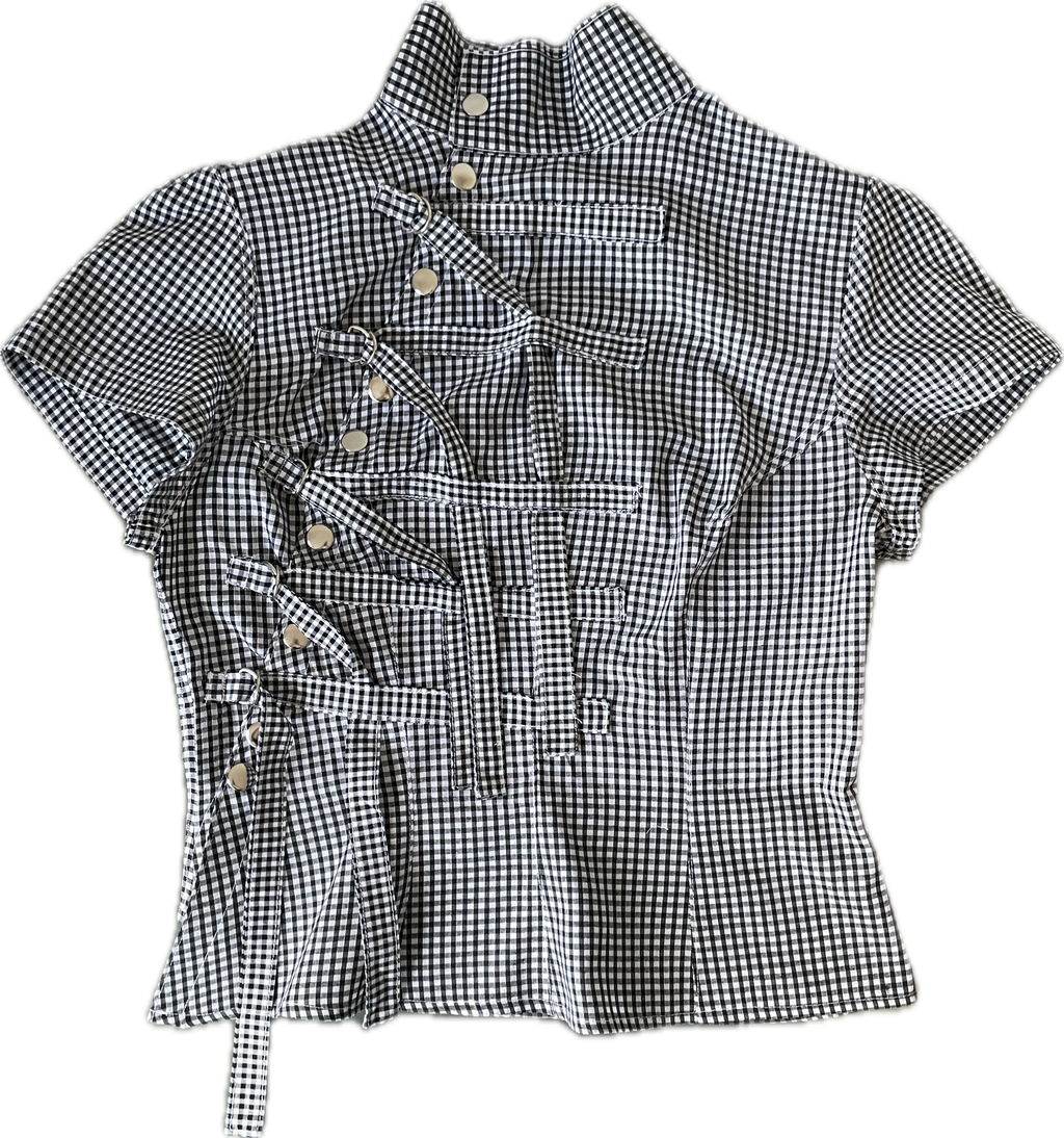 military style buckle asymetrical black gingham shirt