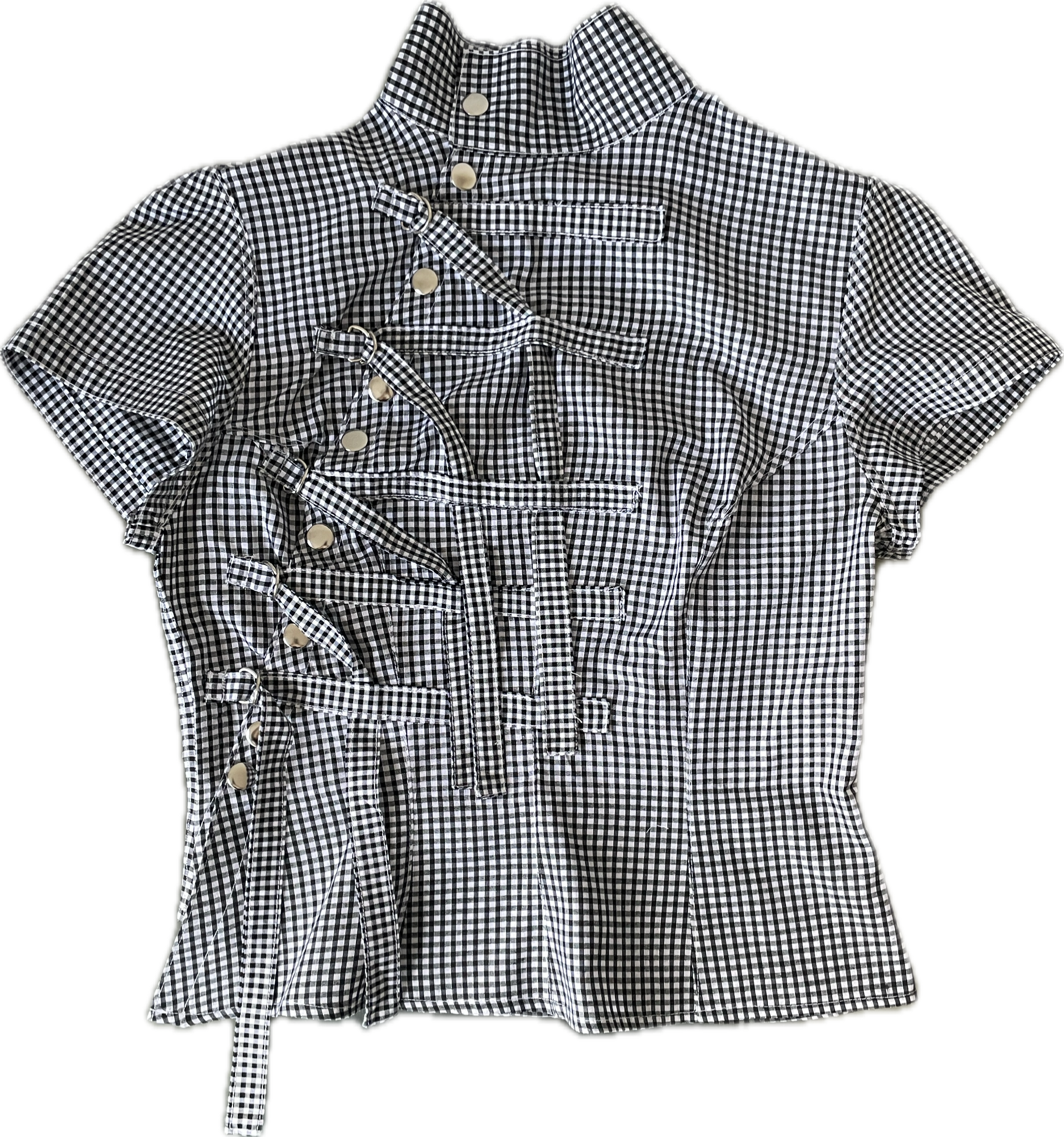 military style buckle asymetrical black gingham shirt