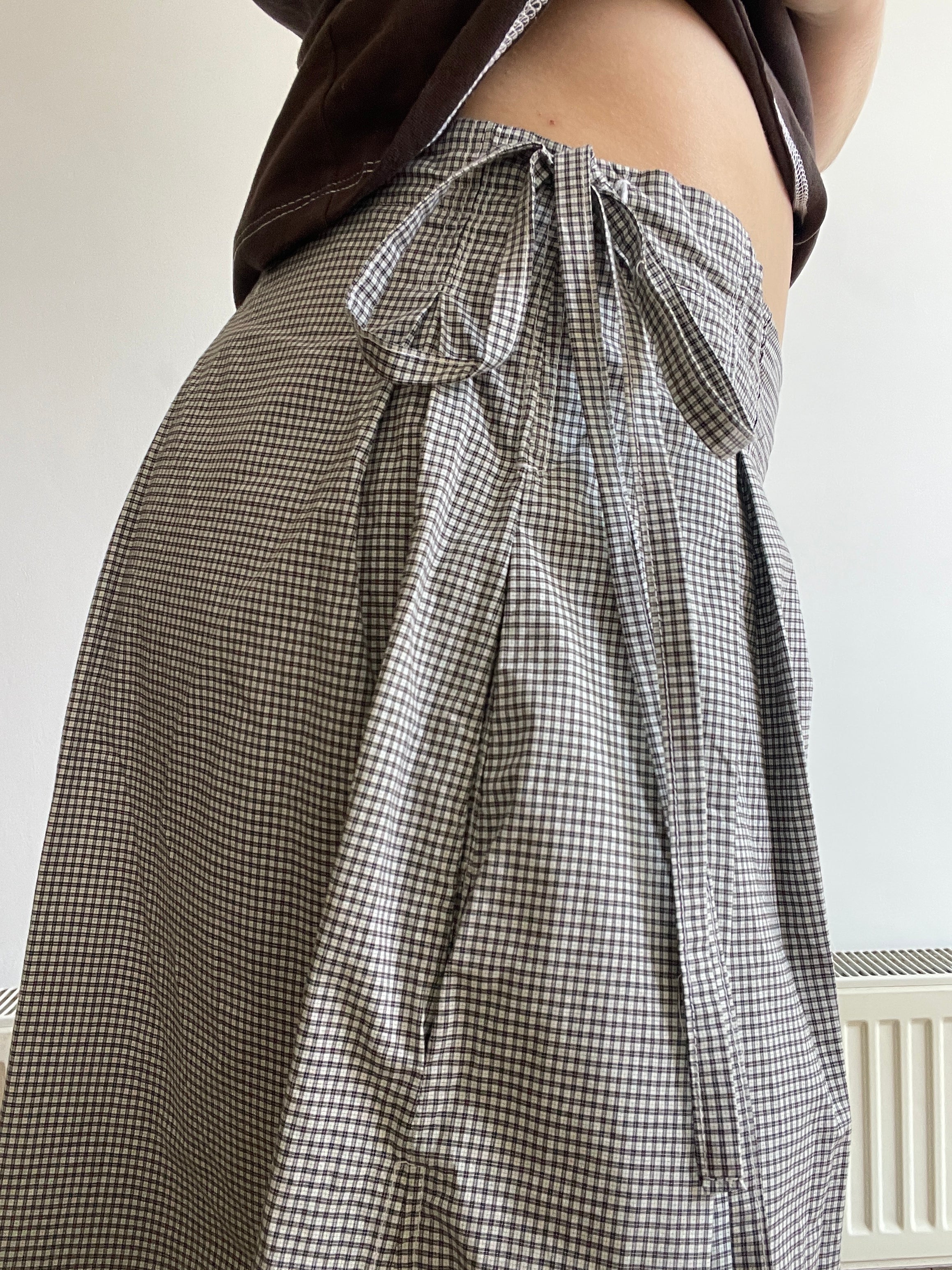 handmade pleated grey black check baggy shorts with pockets