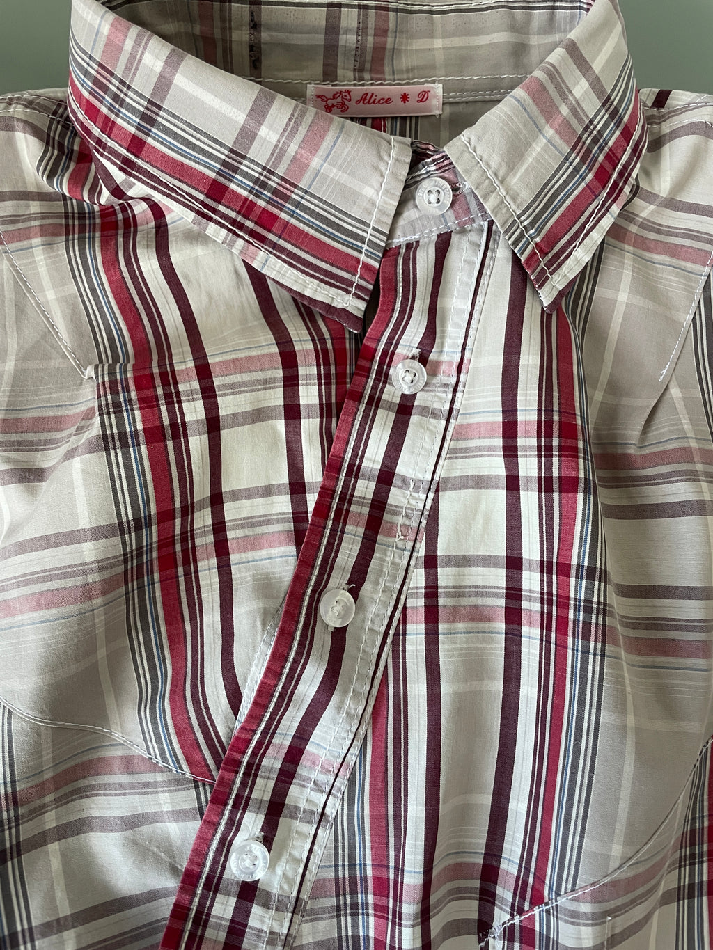 reworked asymetrical red beige checkered shirt