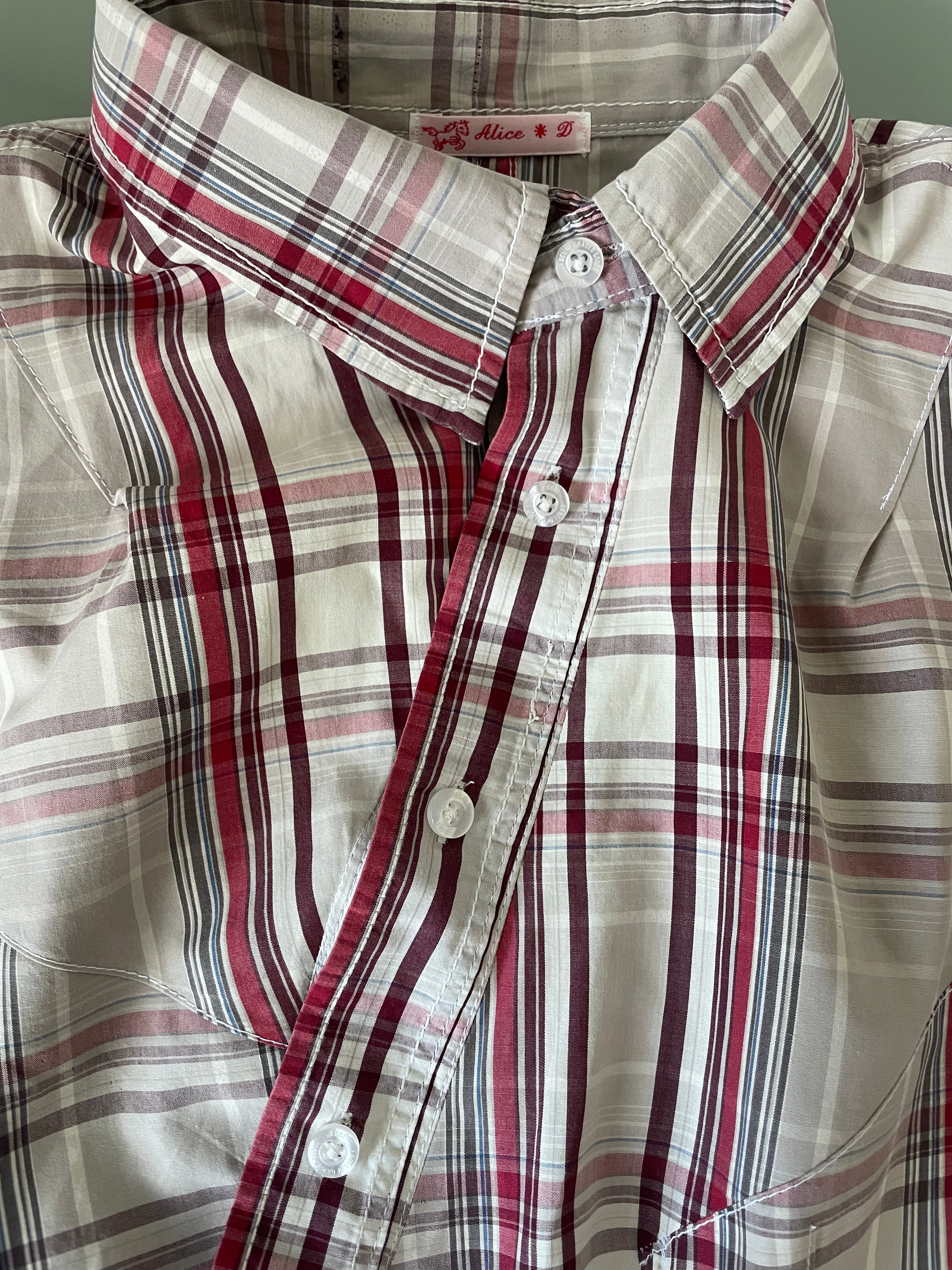 reworked asymetrical red beige checkered shirt