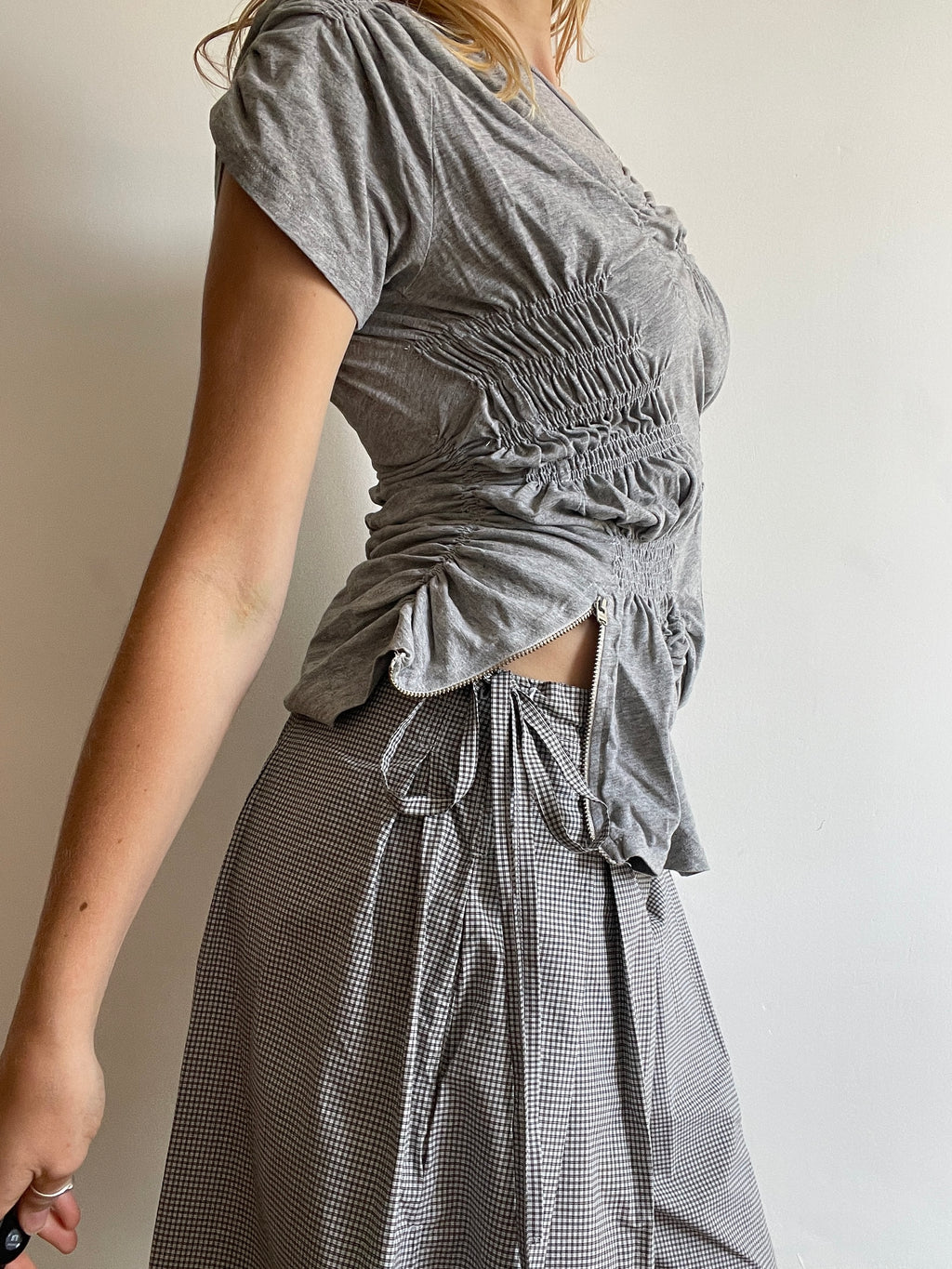 grey reworked elasticated ruched slinky t shirt