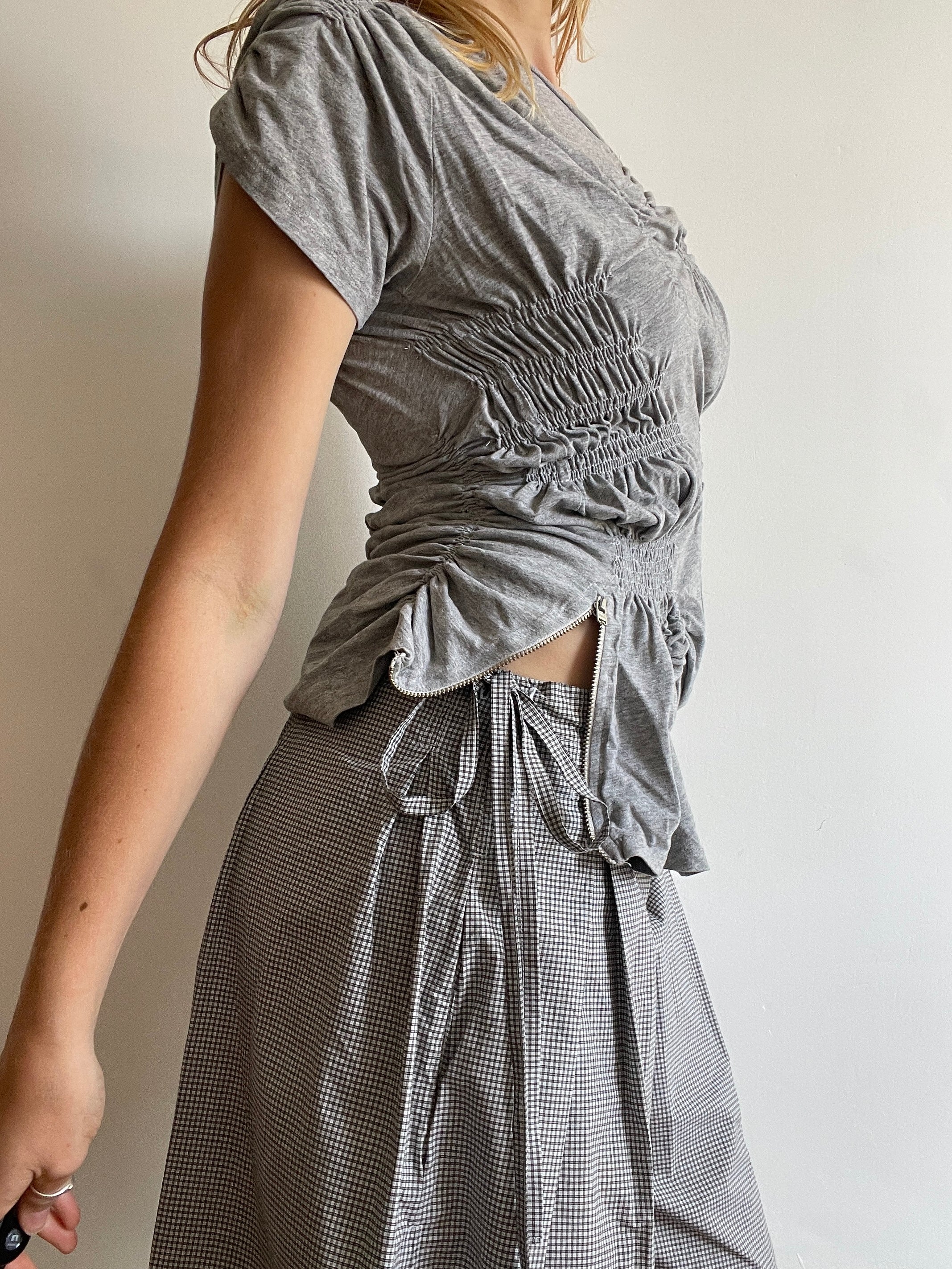 grey reworked elasticated ruched slinky t shirt