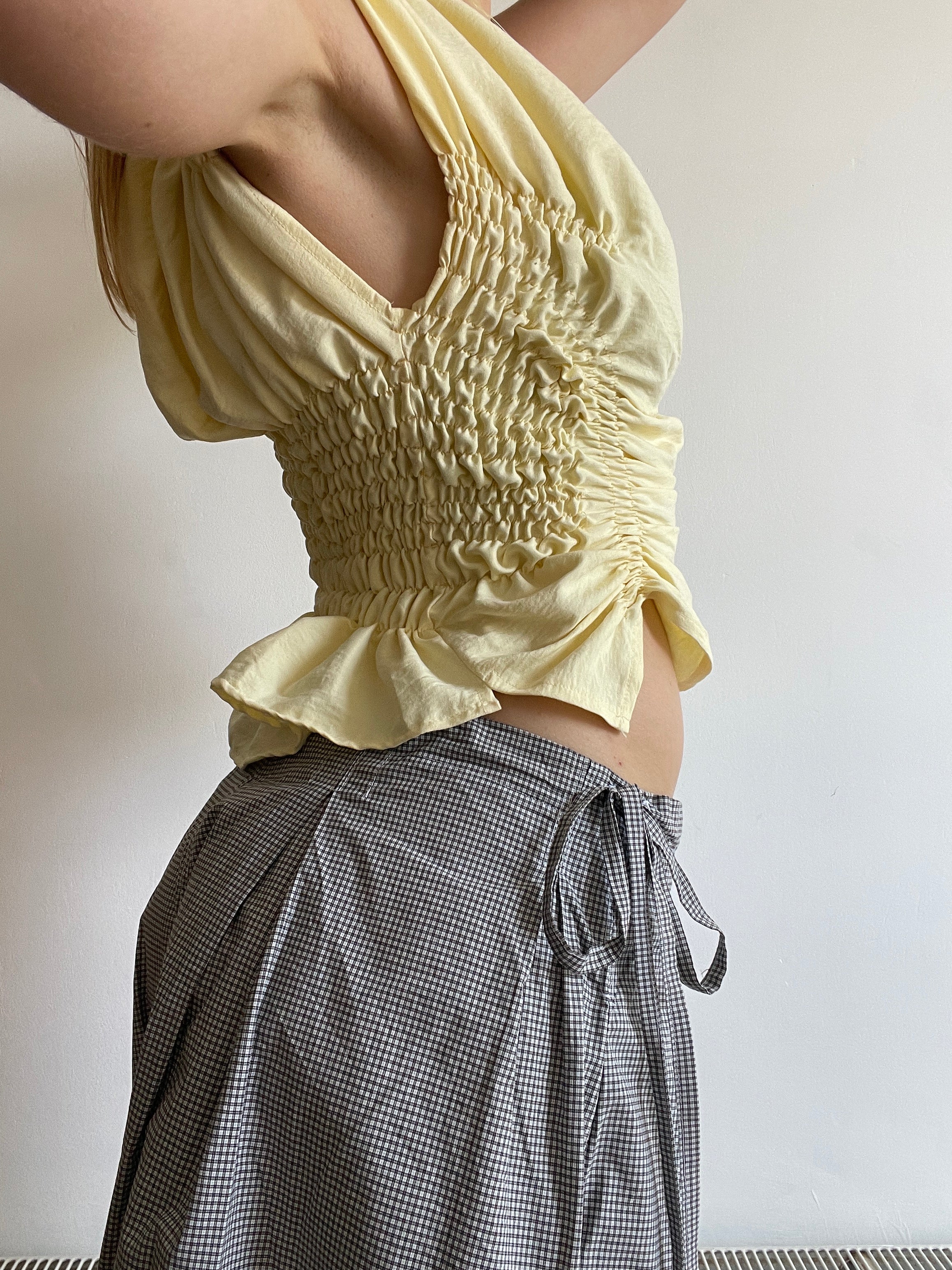 reworked ruched butter yellow slinky bubble top