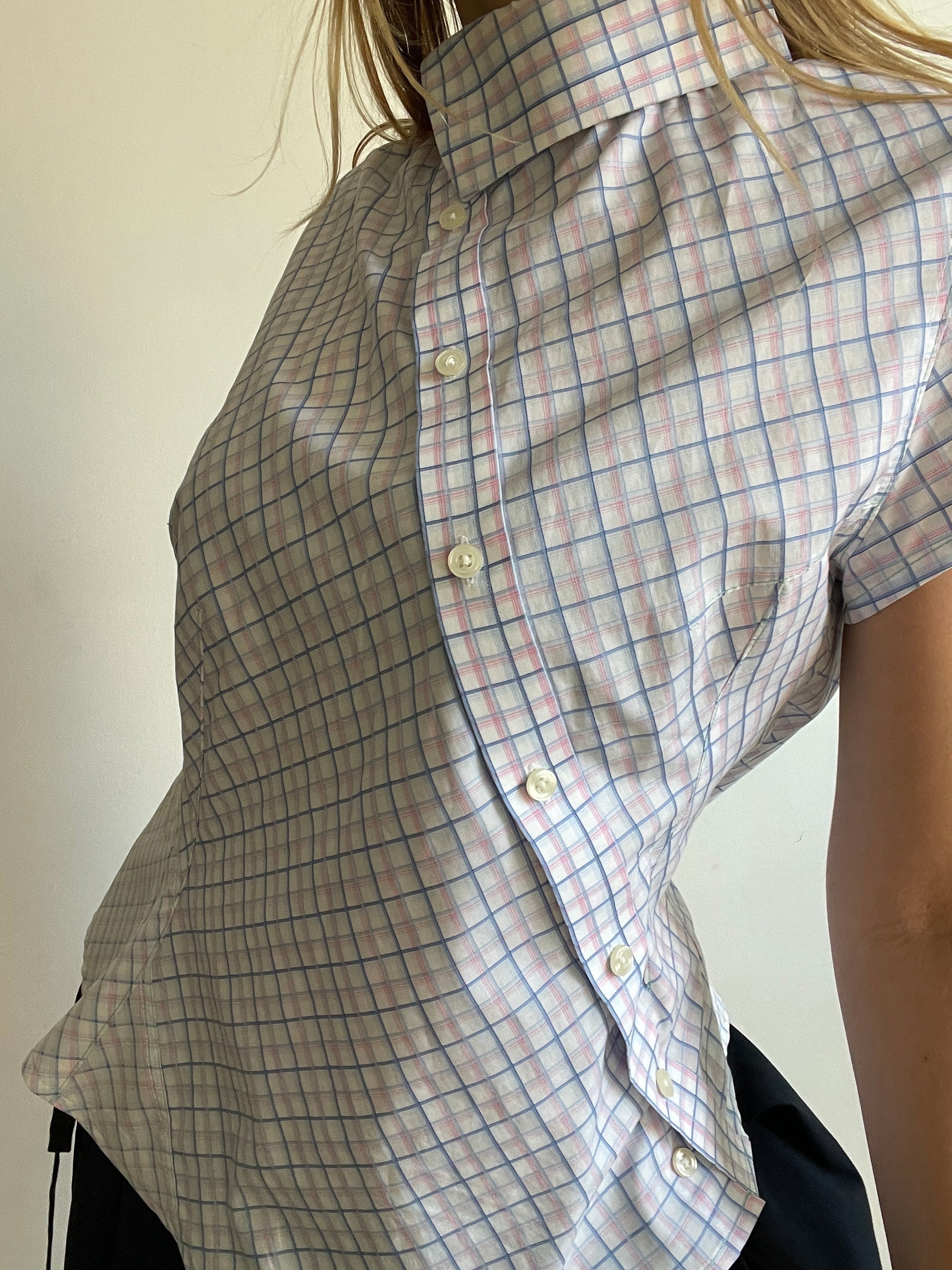 reworked pastel button up asymetrical shirt