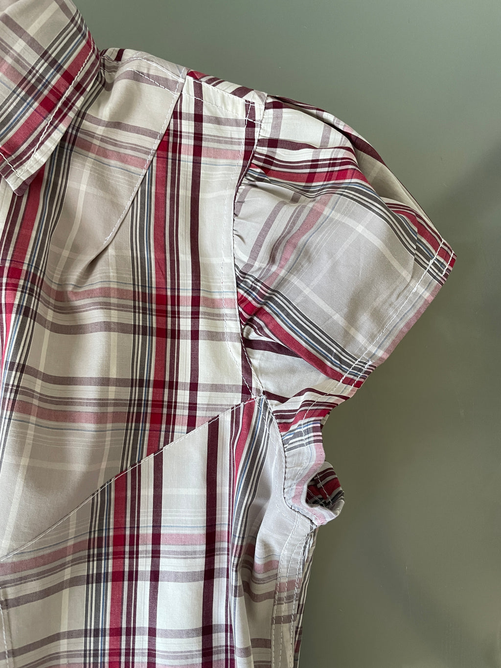 reworked asymetrical red beige checkered shirt