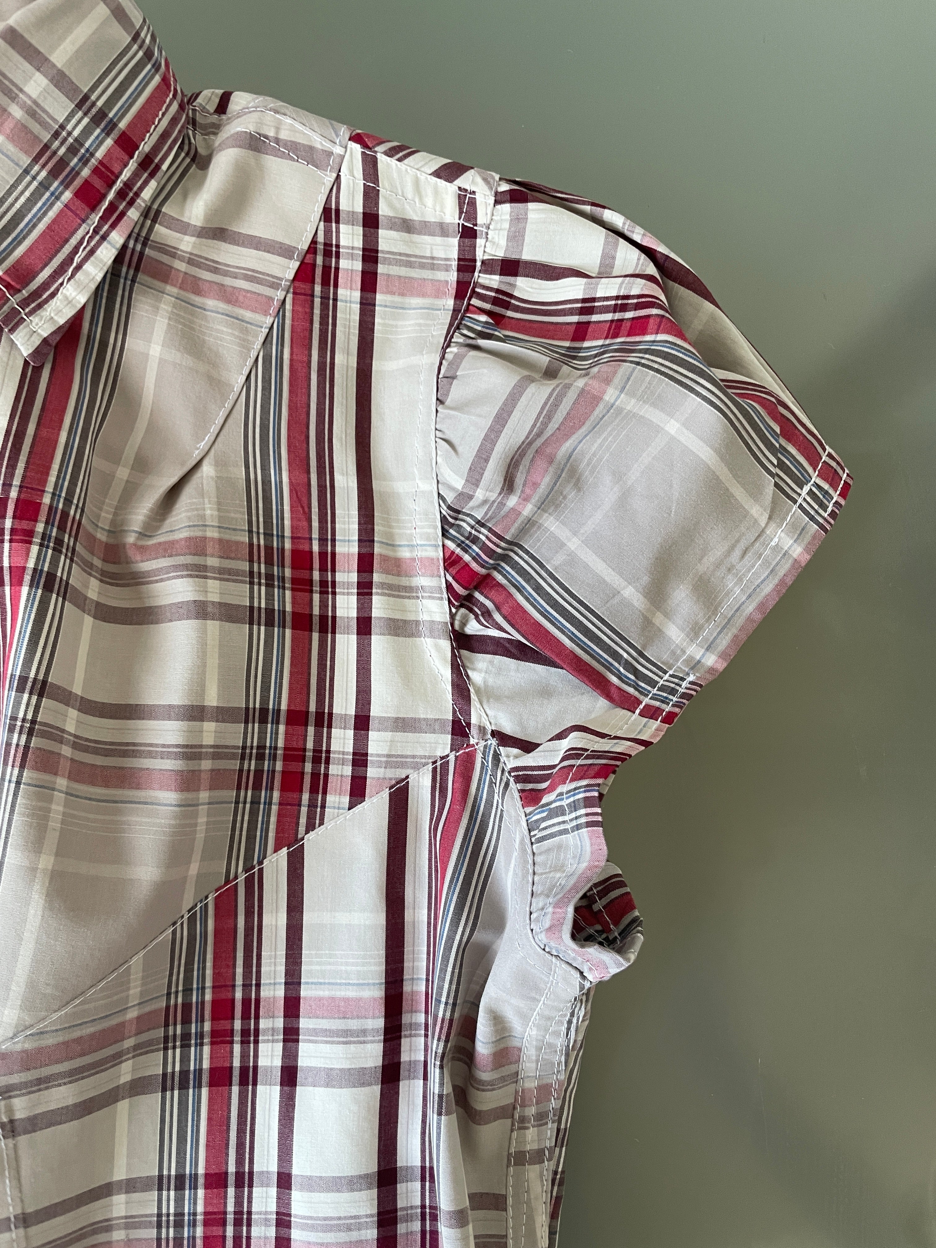 reworked asymetrical red beige checkered shirt